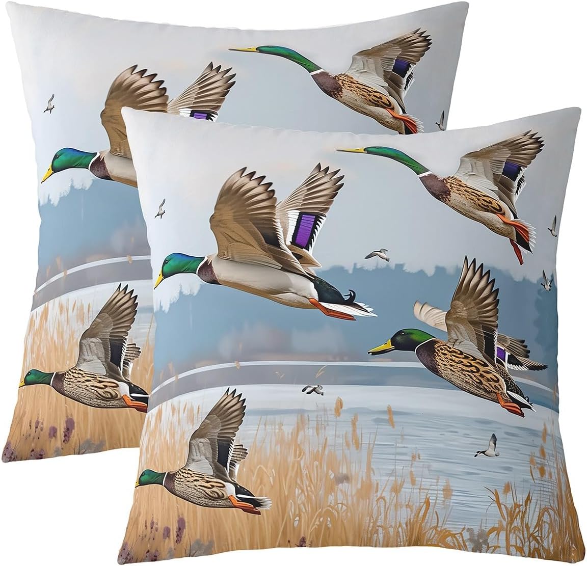 Erosebridal Mallard Duck Throw Pillow Covers Set of 2 Duck Hunting Themed Pillow Covers for Kids Teens Mallard Duck Bird Cushion Cover Rustic Natural Lake Scenery Decorative Pillow Covers,22 x 22