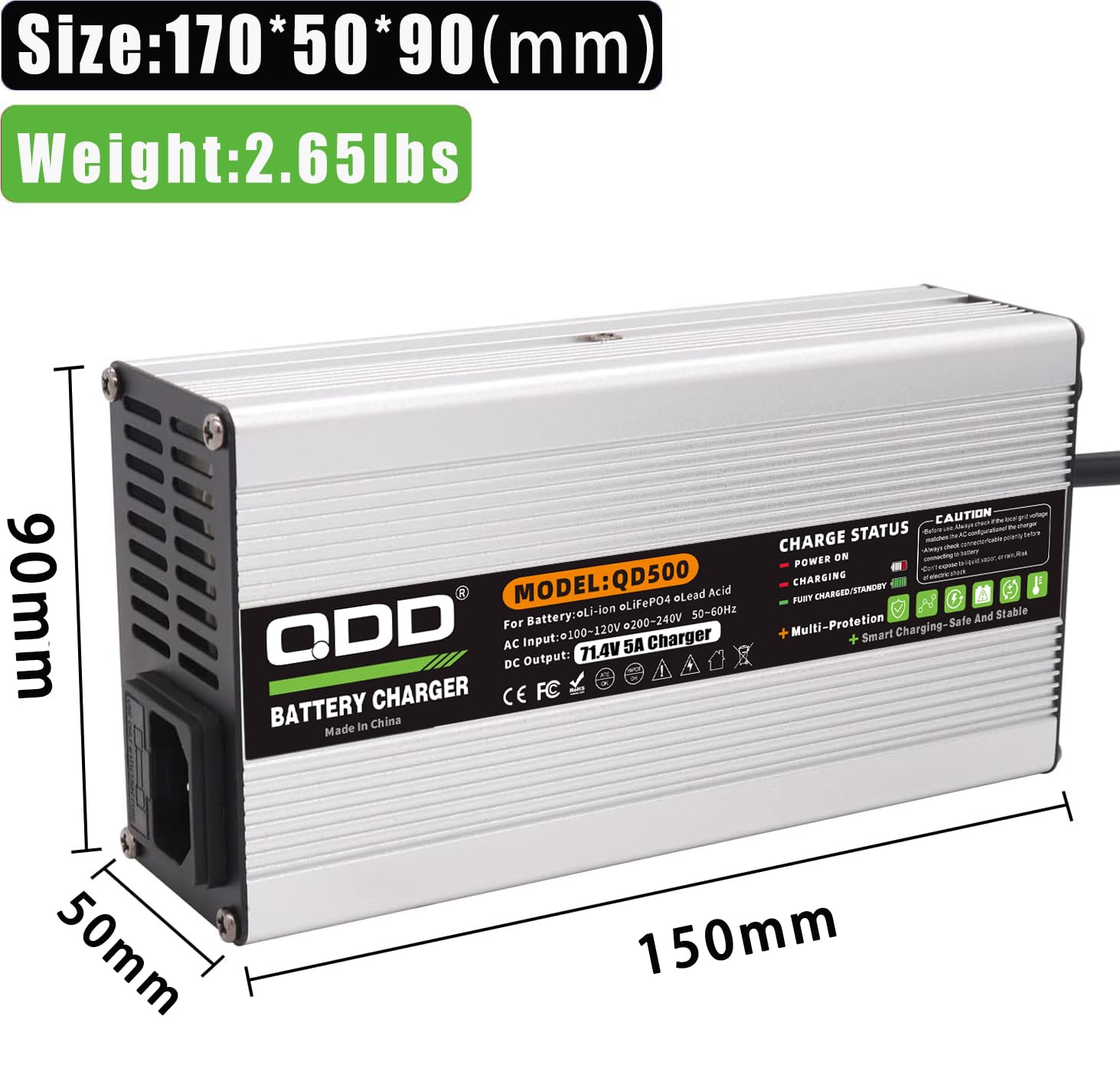 QDD Cargador de batería de iones de litio de 60 V, 71,4 V, 5 A, salida de carcasa de aluminio plateado, conector C13 N+L, utilizado para batería de litio de 17S 60 V