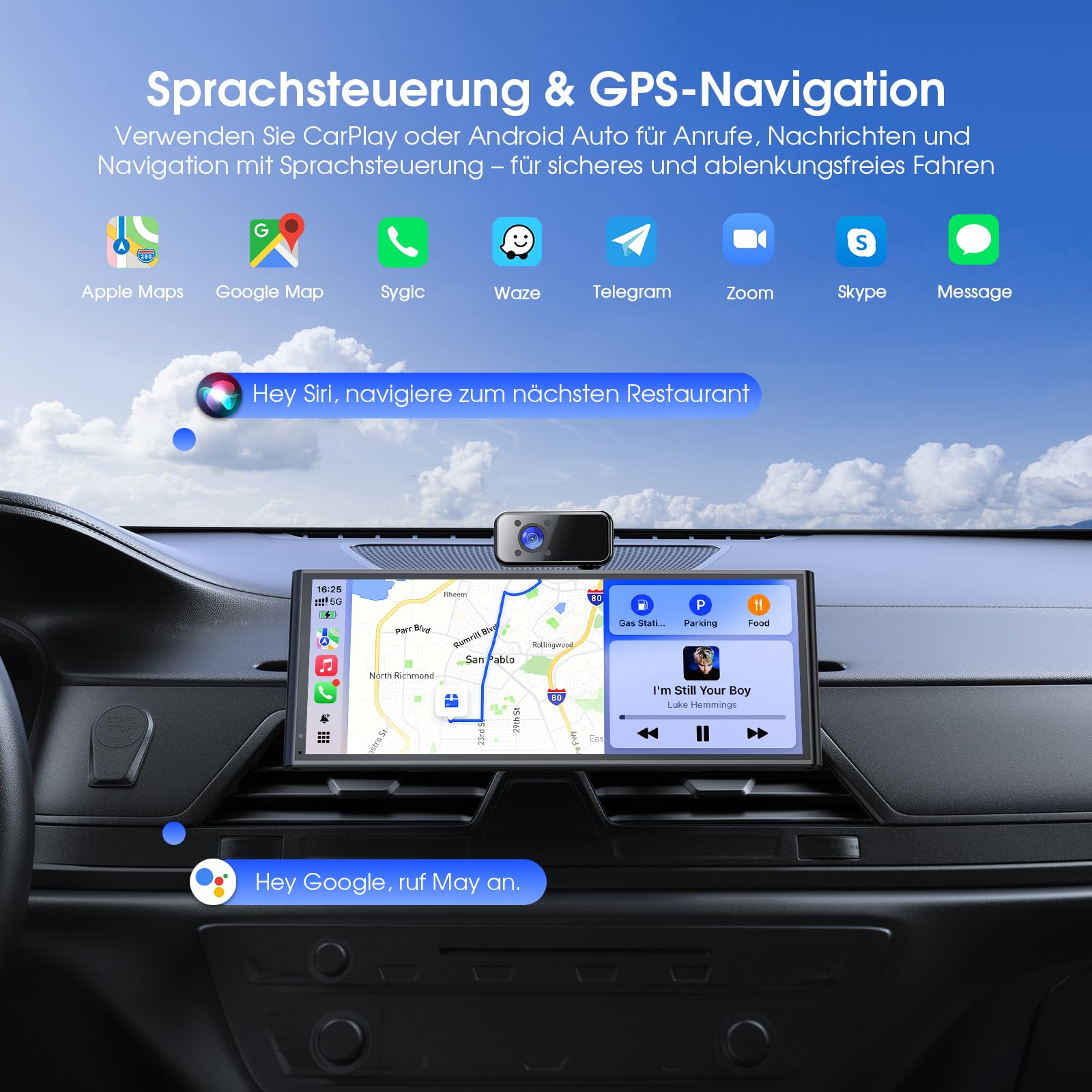 Avylet 10,26" 60FPS CarPlay Display mit 4K/1080P 3-Kanal-Videoaufnahme, kompatibel mit Apple CarPlay/Android Auto, 64GB Karte, OTA-Updates, GPS, Mirror Link, Sprachsteuerung, Bluetooth/AUX/FM