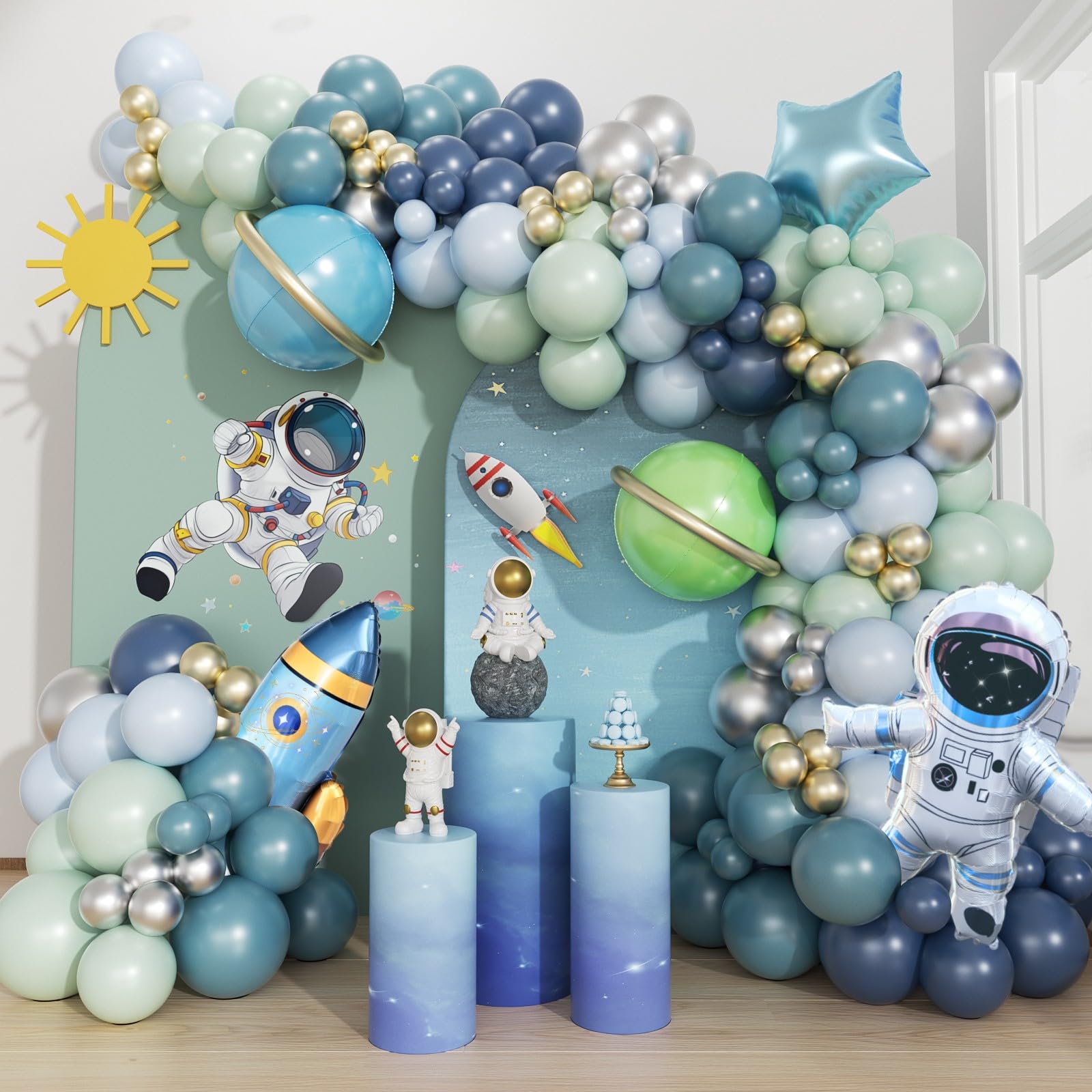 167pcs Space Balloons Arch Kit - Outer Space Party Decorations with Astronaut Rocket Blue Green Balloons for Baby Shower