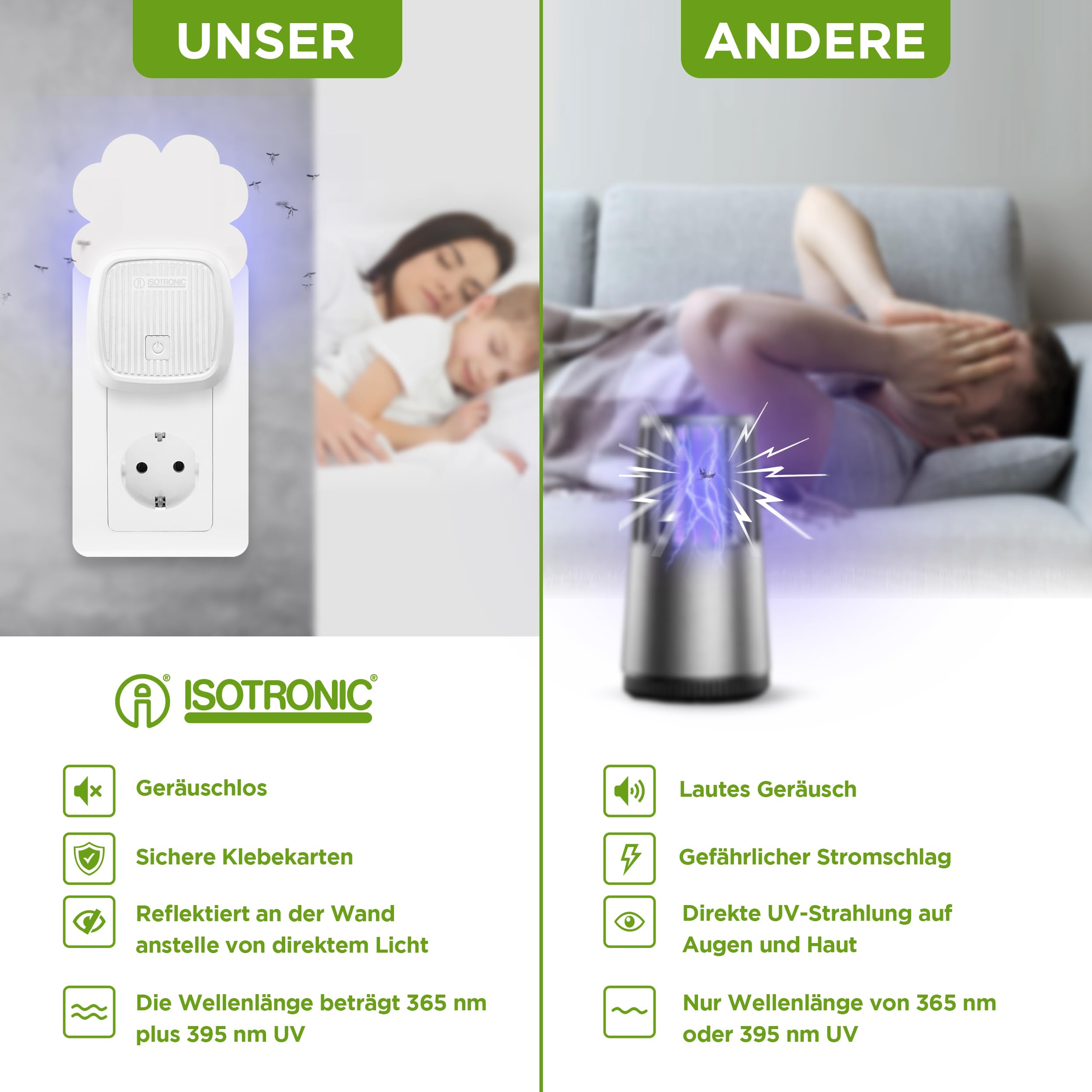 ISOTRONIC Pułapka na komary, muchy i ćmy – Światło UV i folie lepowe – Cicha ochrona do wnętrz – Skuteczny odstraszacz owadów – Zasięg 20 m² (2 sztuka)