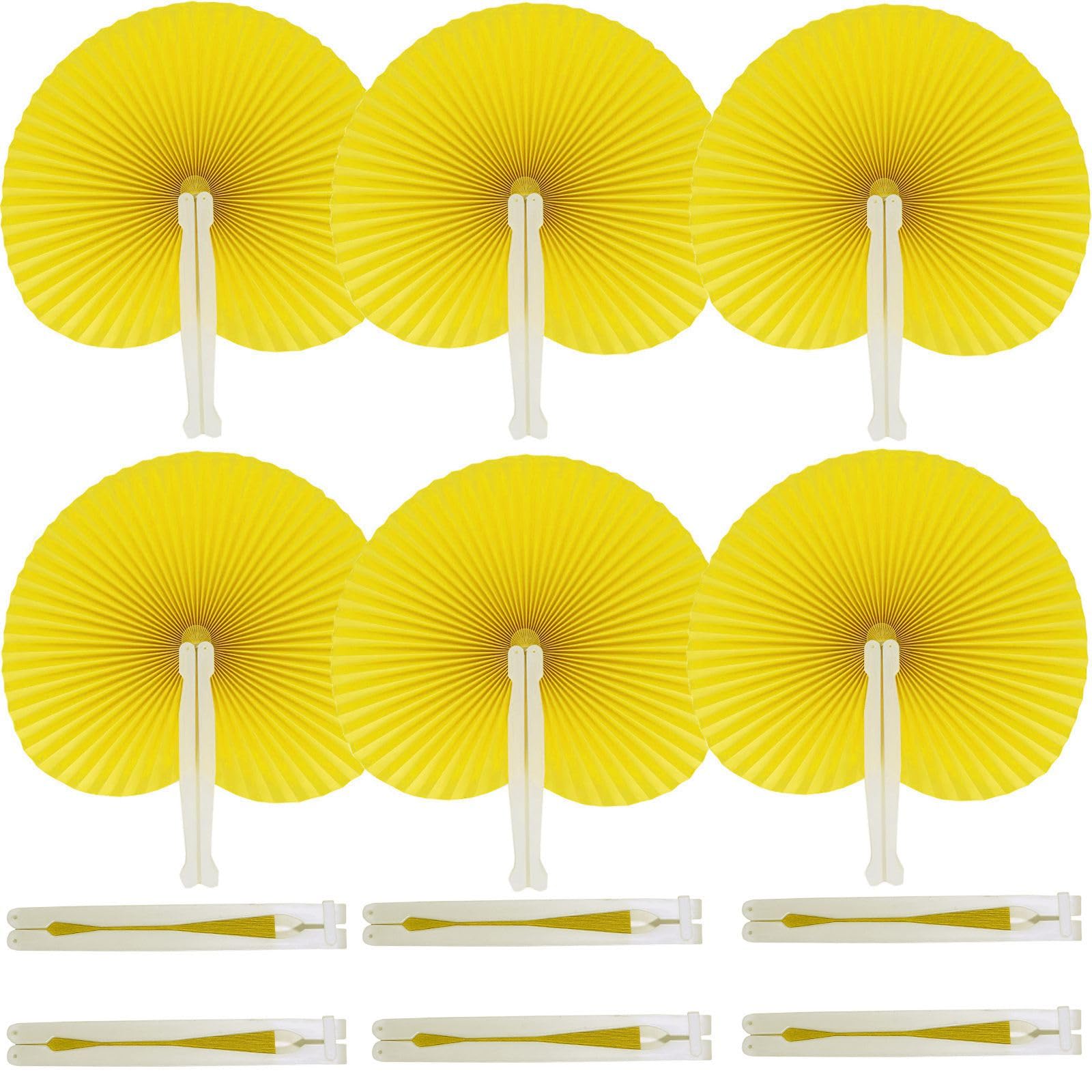 Bestage 20 Pieces Decorative Paper Folding Hand Fans Handheld,Yellow Round Wedding Foldable Fans Chinese and Japanese Fans Bulk for Bridal Guest Church Party Favors Dancing Birthday DIY