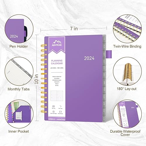 Miniatura 5 de Agenda 2024, 2024 semanal y mensual, enero 2024 a diciembre 2024, agenda AIMPEAK con pestañas, bolsillo, bucle para bolígrafo, cubierta impermeable