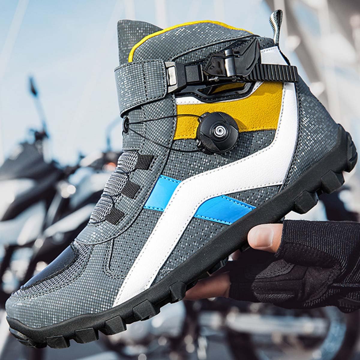 Stivali Moto in Pelle da Uomo, Stivale Touring Impermeabile, Suola in Gomma Piena Scarpe Protettivi da Motociclista Traspirante
