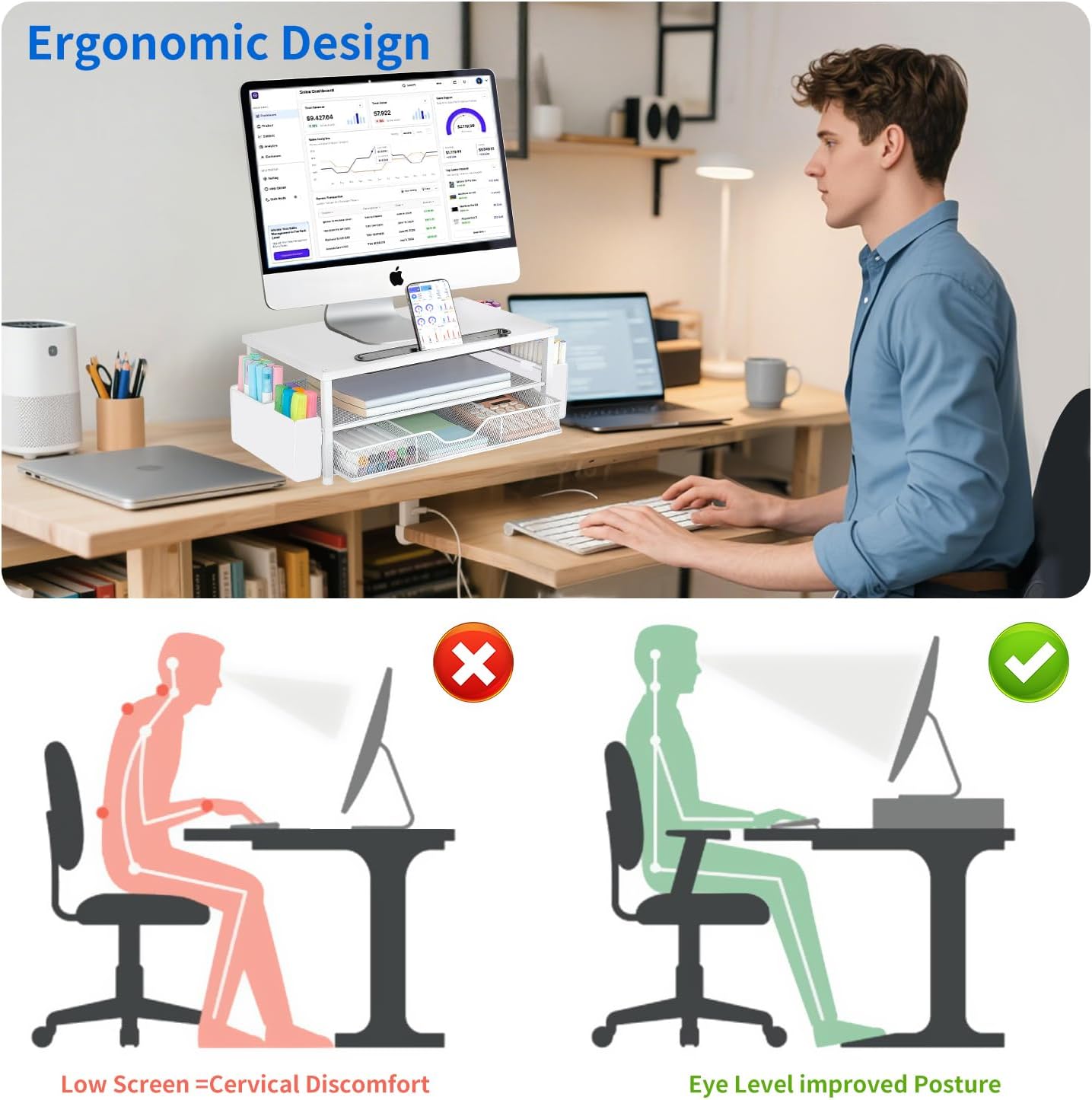 aupsen white monitor stand riser, 2-tier wood computer desk organizer with drawer, pen storage & phone holder, office desk accessories desktop organizer for office supplies white wood