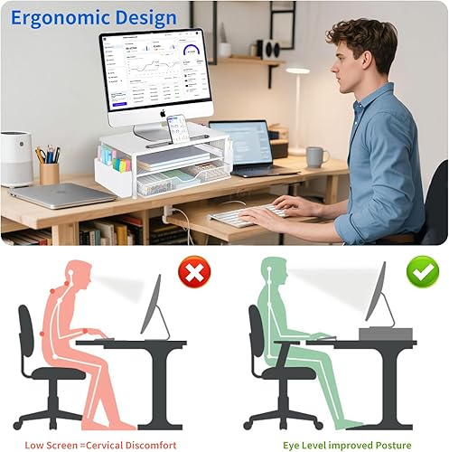 Miniatura 2 de AUPSEN Soporte elevador de monitor blanco, organizador de escritorio de madera de 2 niveles con cajón, almacenamiento para bolígrafos y soporte para