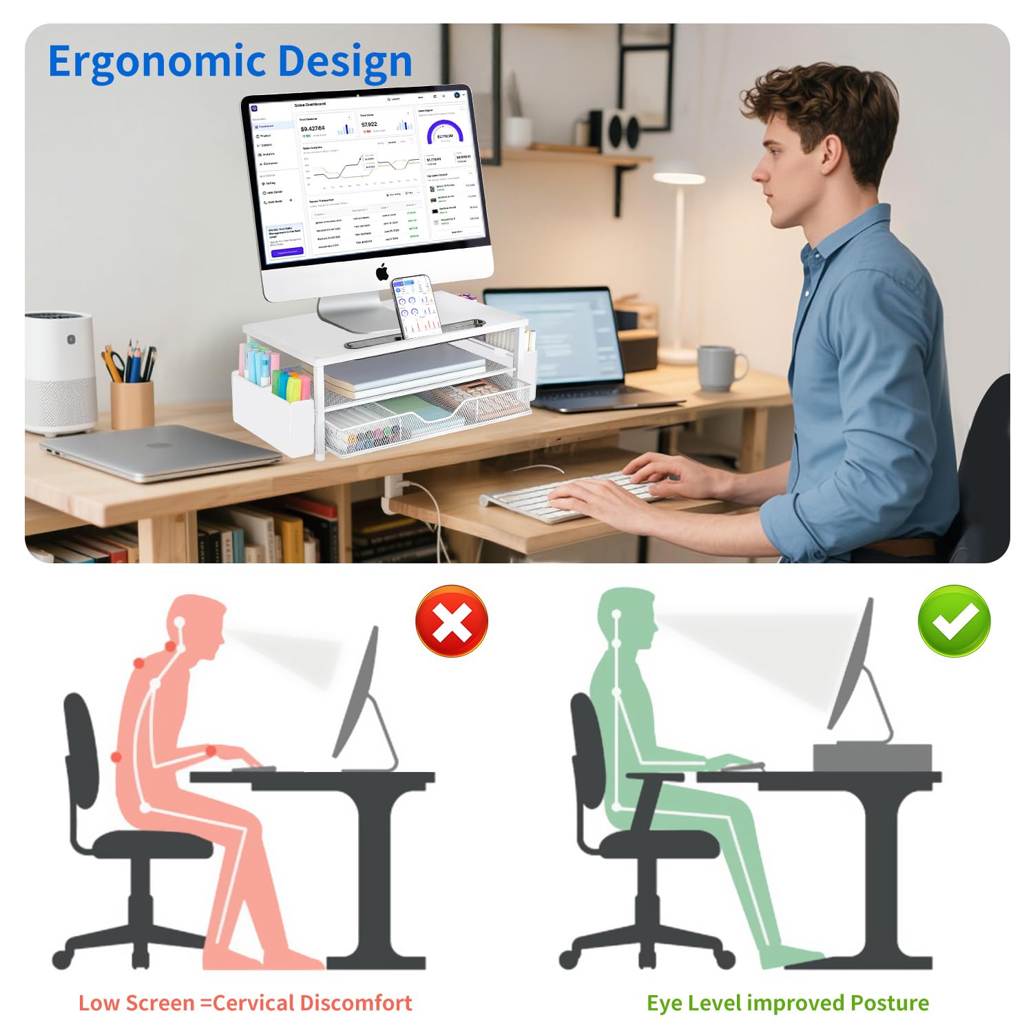 AUPSEN Weißer Monitorständer, 2-stöckig, Holz, Computer-Schreibtisch-Organizer mit Schublade, Stiftaufbewahrung und Handyhalter, Büro-Schreibtisch-Zubehör, Schreibtisch-Organizer für Bürobedarf