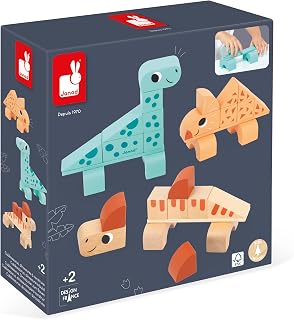 Janod - Cubikosaurus Dinosaur Construction Game - 3 Build-Your-Own Dinosaurs - Stackable Early-learning Toy - FSC Wooden Toy - 24 Months +, J05833
