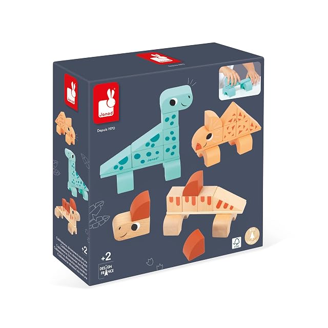 Janod - Juego de Construcción Cubikosaurus - 3 Dinosaurios de Montar - Juego de Estímulo de Apilar