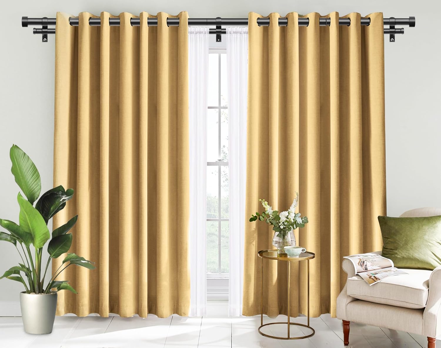 KAMANINA Bundle of 66 to 120 inch Black Double Curtain Rod and 48 to 84 Inch Black Curtain Rod, Modern Simple End Cap