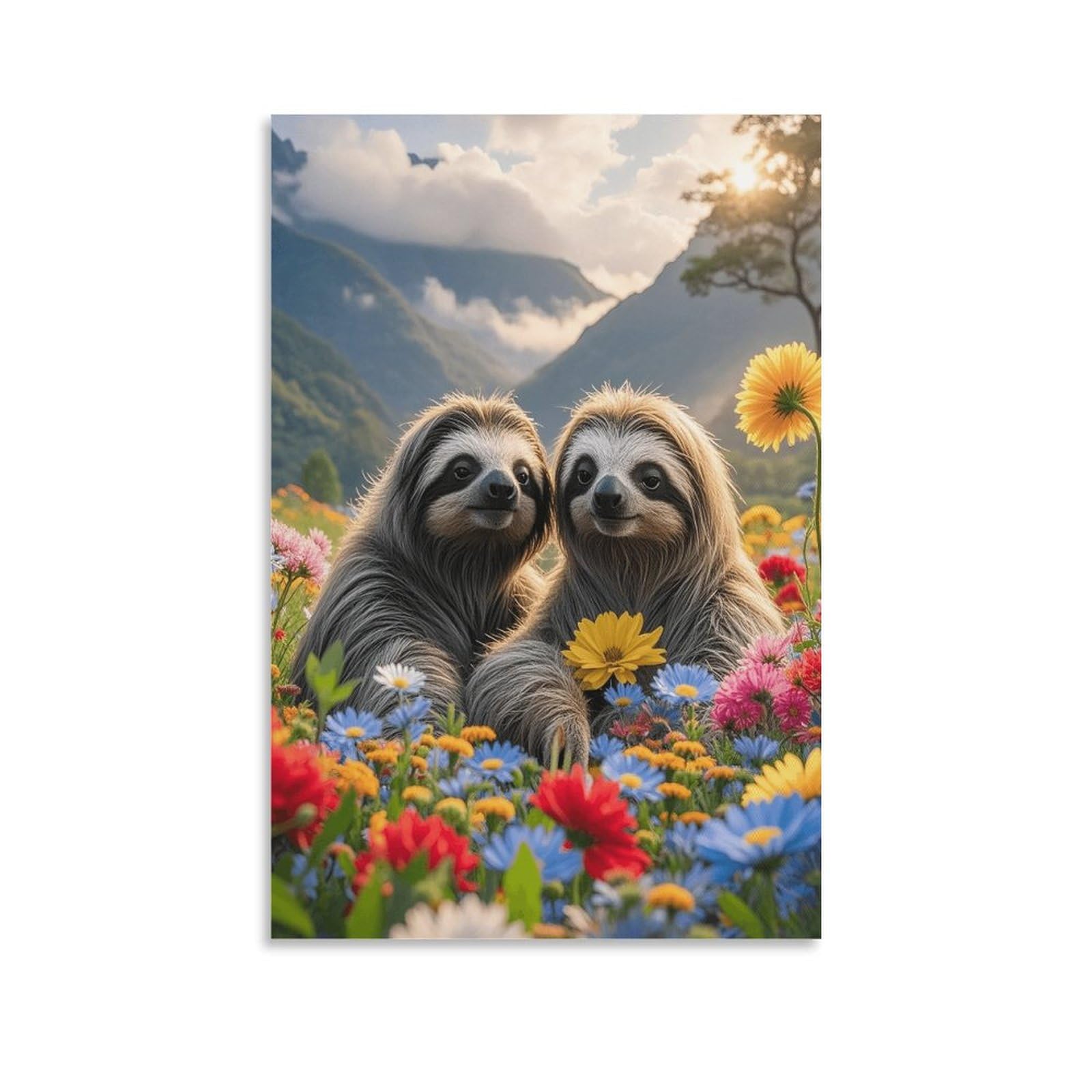 EMYXPAQM Sloth Canvas Wall Art Two Sloths Flower Field Giclee Canvas Prints Artwork for Living Room Bedroom Home Office Decoration Gift 12x18inch(30x45cm)