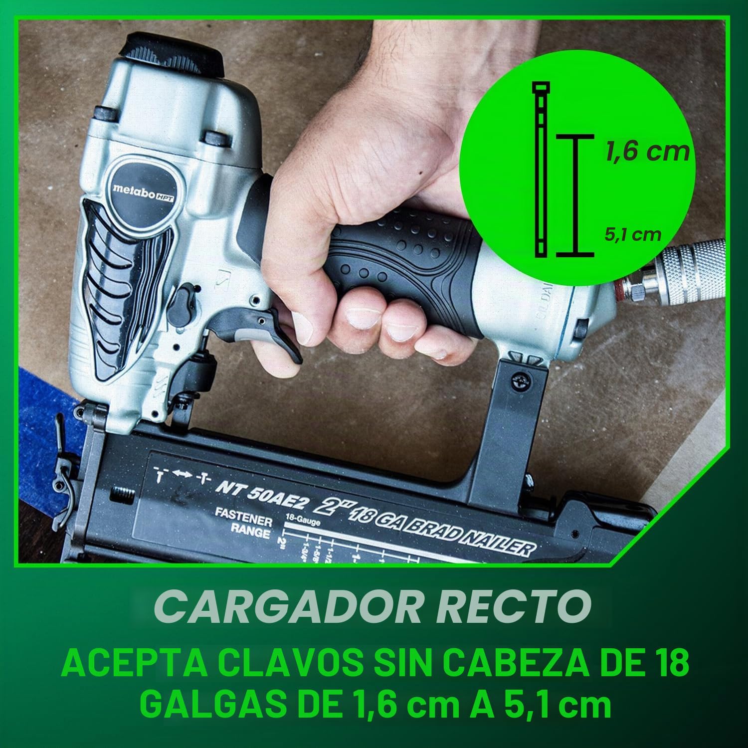 Metabo HPT Clavadora Brad NT50AE2 - Clavadora neumática ligera para trabajos de corte de precisión y construcción de muebles, profundidad ajustable, calibre 18, clavos de 5/8 pulgadas hasta 2 pulgadas