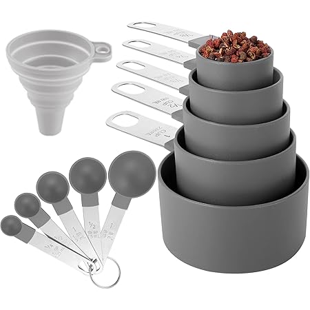 Measuring Cups and Spoons Set of Huygens Kitchen Gadgets 10 Pieces, Stackable Stainless Steel Handle Measuring Cups for Measuring Dry and Liquid Ingredient (Gray)