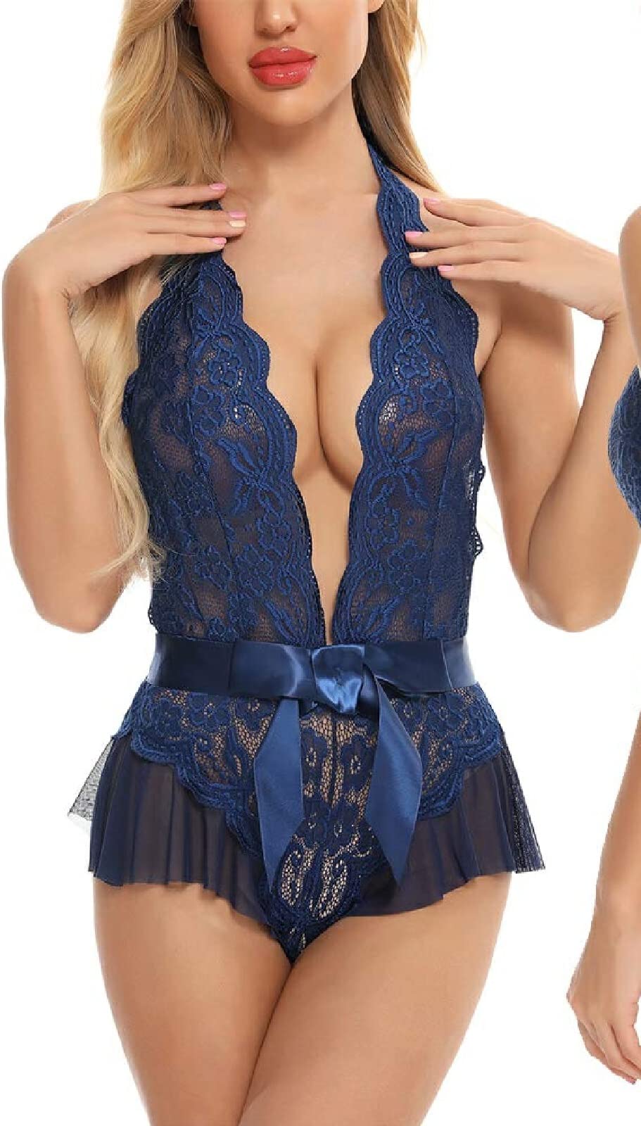 Unterwäsche Aushöhlen Body Mit Tiefem V-Blumenstickerei Und Spitzennähten