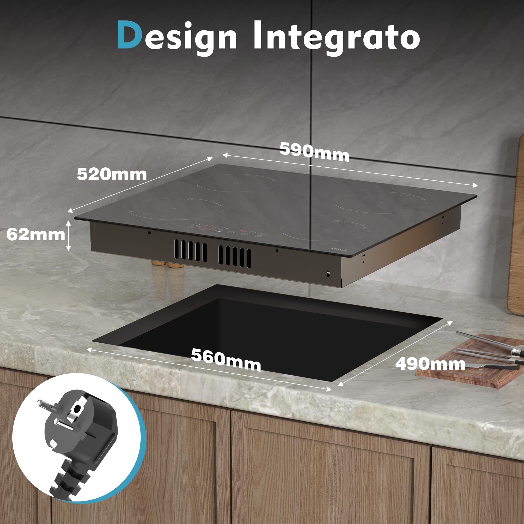 Hobsir Piano Cottura a Induzione 4 Fuochi, Piano Cottura Induzione con Spina, Piano a Induzione 4 Piastra 3500W, 60cm Piastra con 9 Power Comandi Toccare, Blocco di Sicurezza,Timer