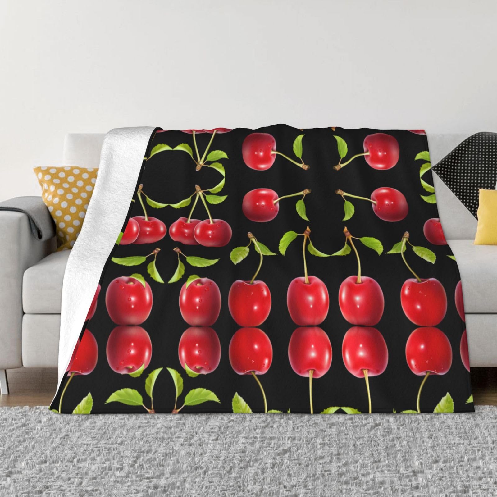 Couverture de lit en flanelle contre le froid nocturne jeté de lit doux motif cerises chaud
