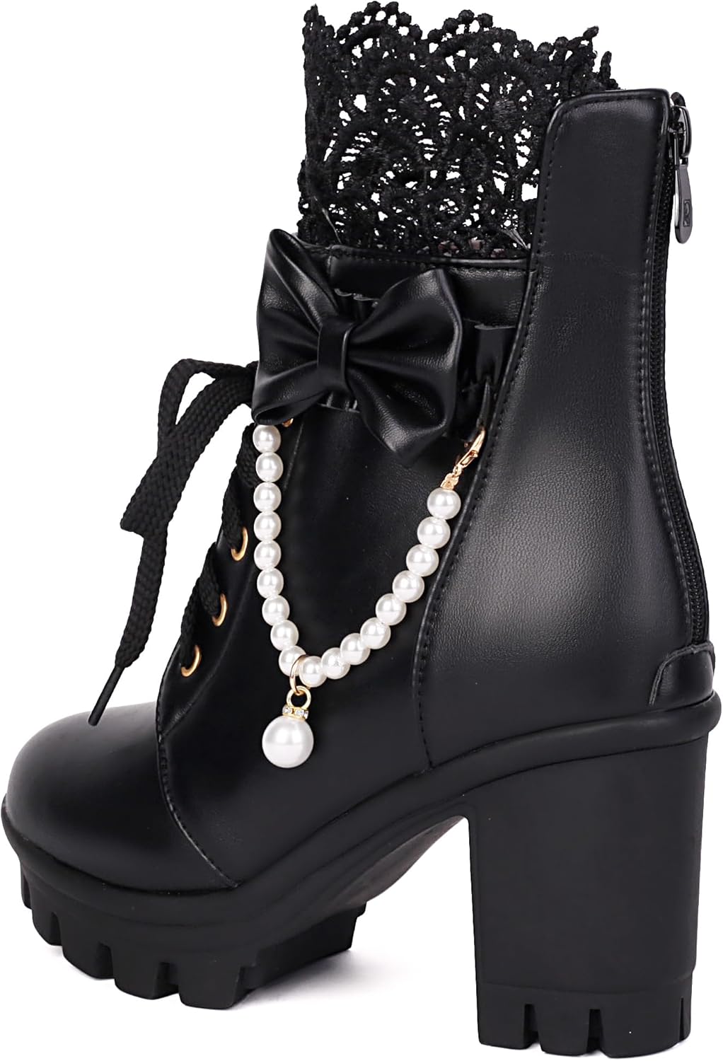 BEAUPAS Women's Platform Ankle Boots with Lace Pearl Chain Bow Chunky High Heel Goth Combat Boots - Image 4