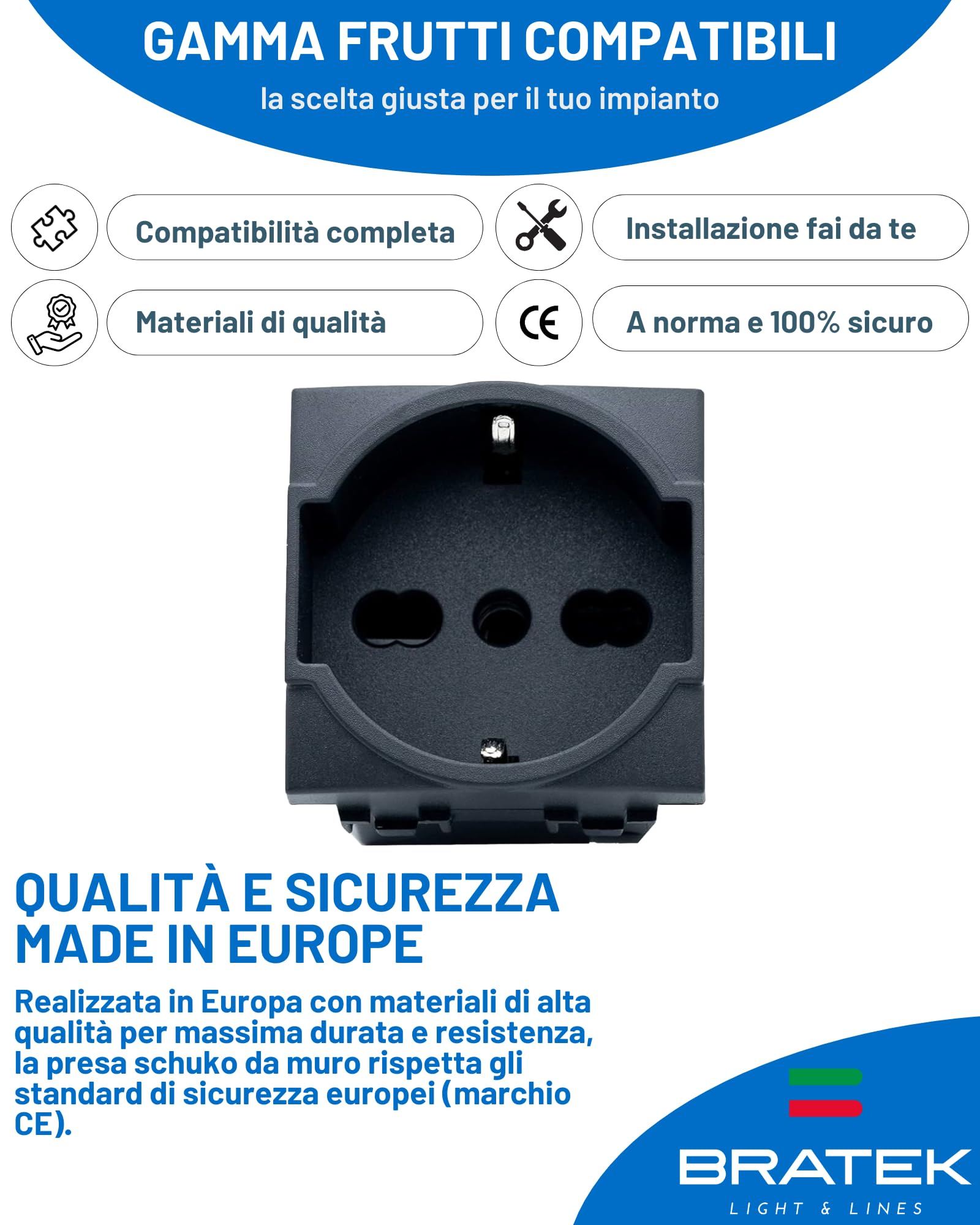 Bratek 2 Prese Schuko Compatibile Bticino Living Light e International 2P+T 10/16A - Presa Elettrica a Muro Tedesca + Bipasso Italiana Antracite x Supporti B Ticino Livinglight e Living International