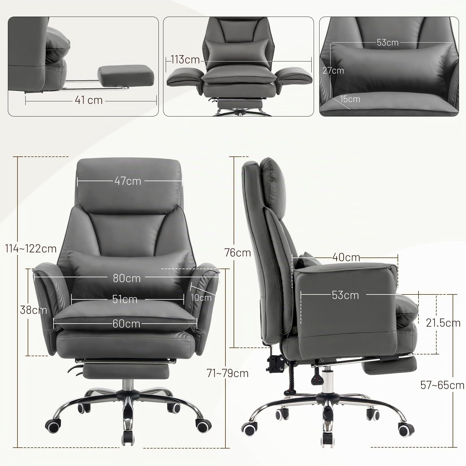 Sedia da Ufficio con Braccioli Regolabili a 5 Livelli, Poltrona Ufficio Ergonomica con Poggiapiedi, Sedia da Gioco in Pelle PU con Altezza Regolabile e Schienale Reclinabile 200kg, Grigio