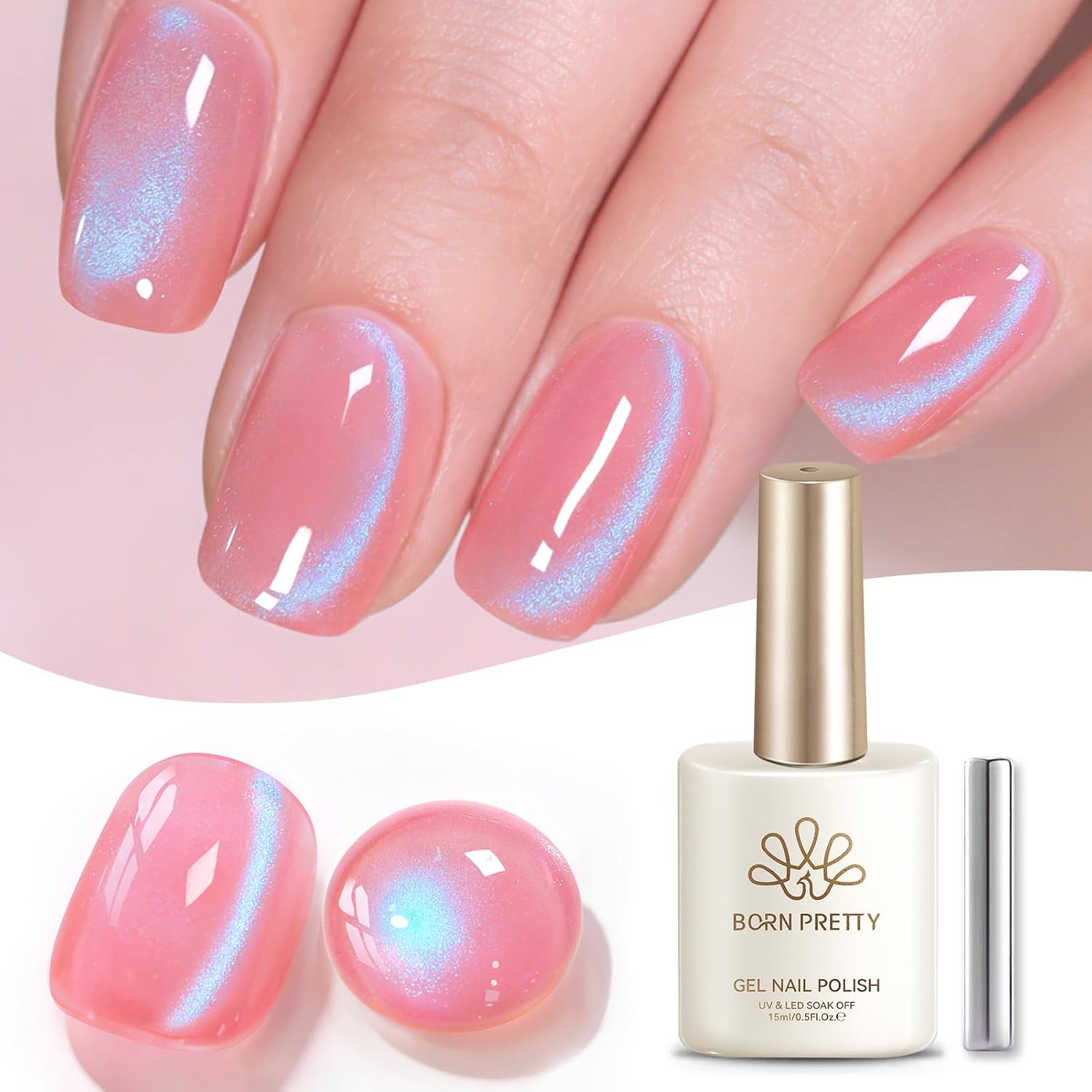 BORN PRETTY Pink Blue Cat Magnetic Eye Gel Nail Polish,Sea Salt Cream Crystal Holographic Shimmer U V Gel Polish for Spring Summer Daily Commute,Date,Beach Vacation & Fresh Theme Party,15ML