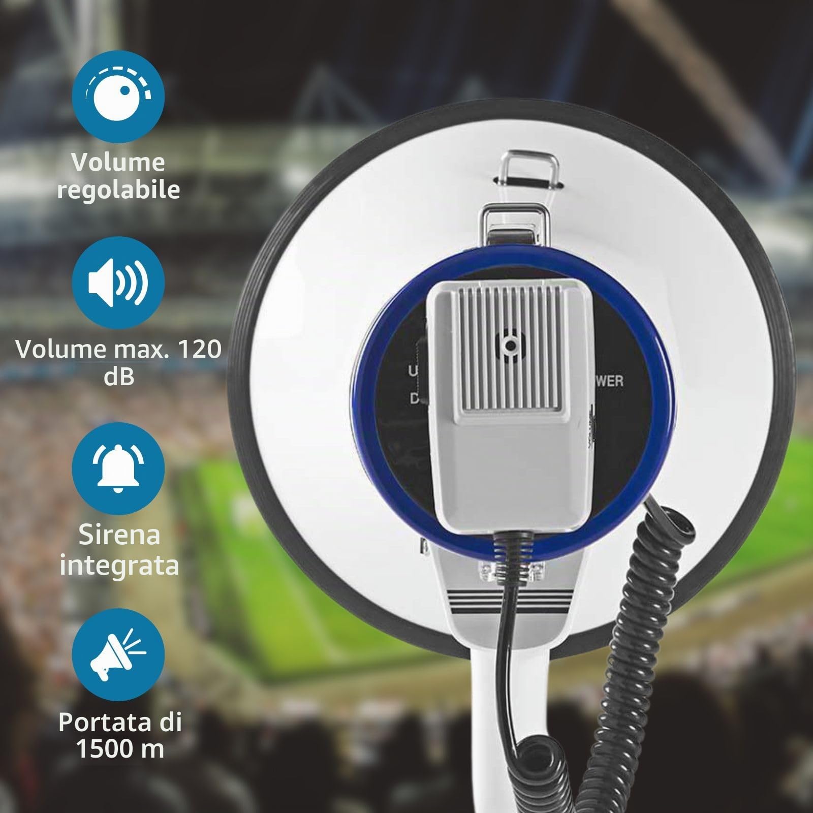 Nedis - Megafono - Microfono Staccabile - Sirena Integrata - 25 W - Tracolla - Volume Regolabile - Megafono Portatile - Portata Massima: 1500 m - Volume Massimo: 135 dB - Bianco/Blu