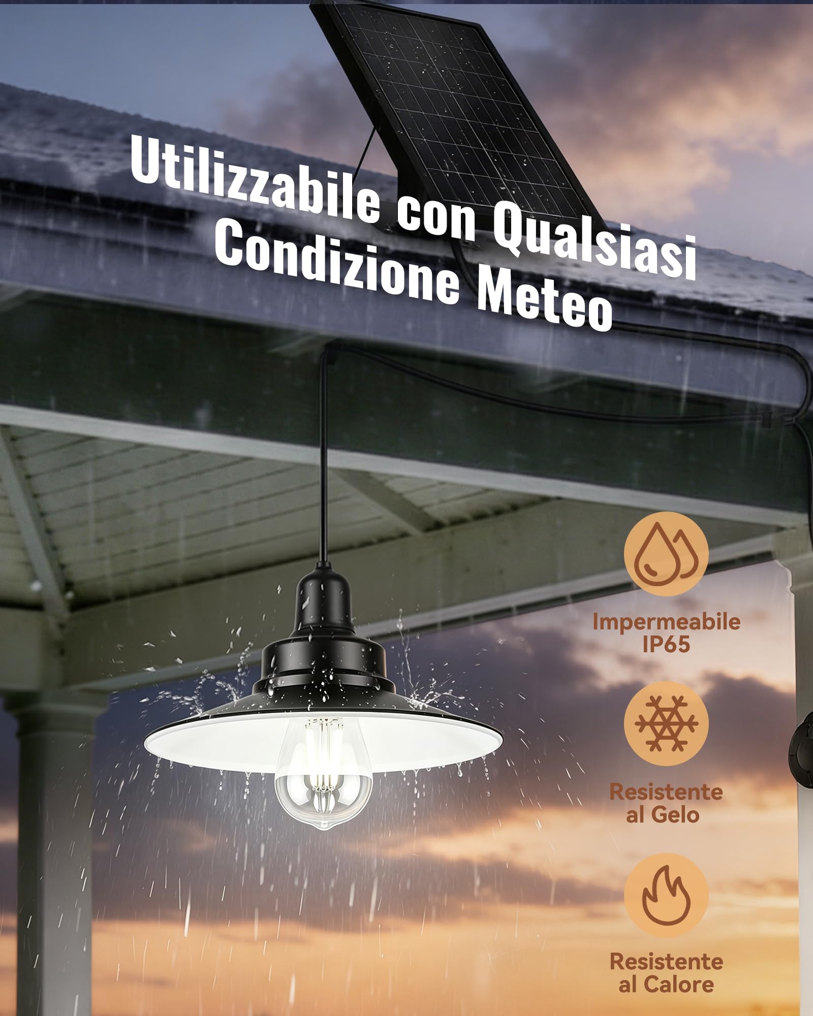 Lampada Solare da Esterno ed Interni, Semplice Interruttore a Catenella, Luci Solari da Esterno Impermeabile IP65, Adatta per Soggiorno, Gazebo, Garage
