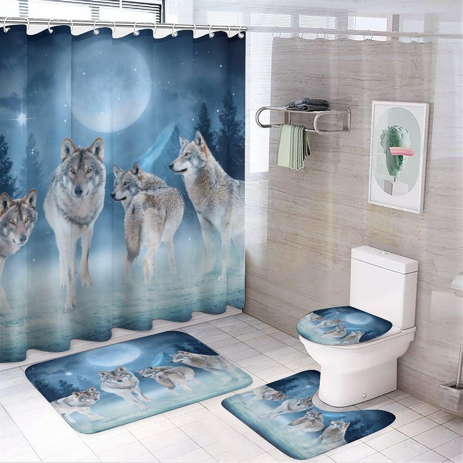 Winter Forest Wildlife Wolf 4 Pcs Waterproof Shower Curtain Set Fantasy Galaxy Full Moon White Wolves with Waterproof Toilet Cover Shower Mat Rugs,72" W x 72" L