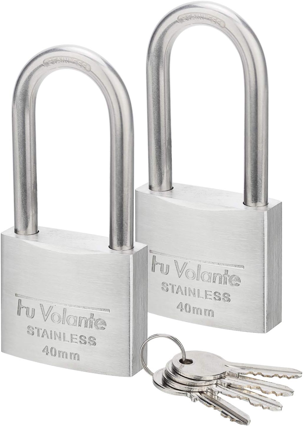 Stainless Steel Pin Tumbler Padlock, 304 Marine Series, Weatherproof Padlock for Outdoor use, 1-1/2 inch Wide Body, Keyed Alike Locks- Stainless Steel Body & Long Shackle-2 Pack