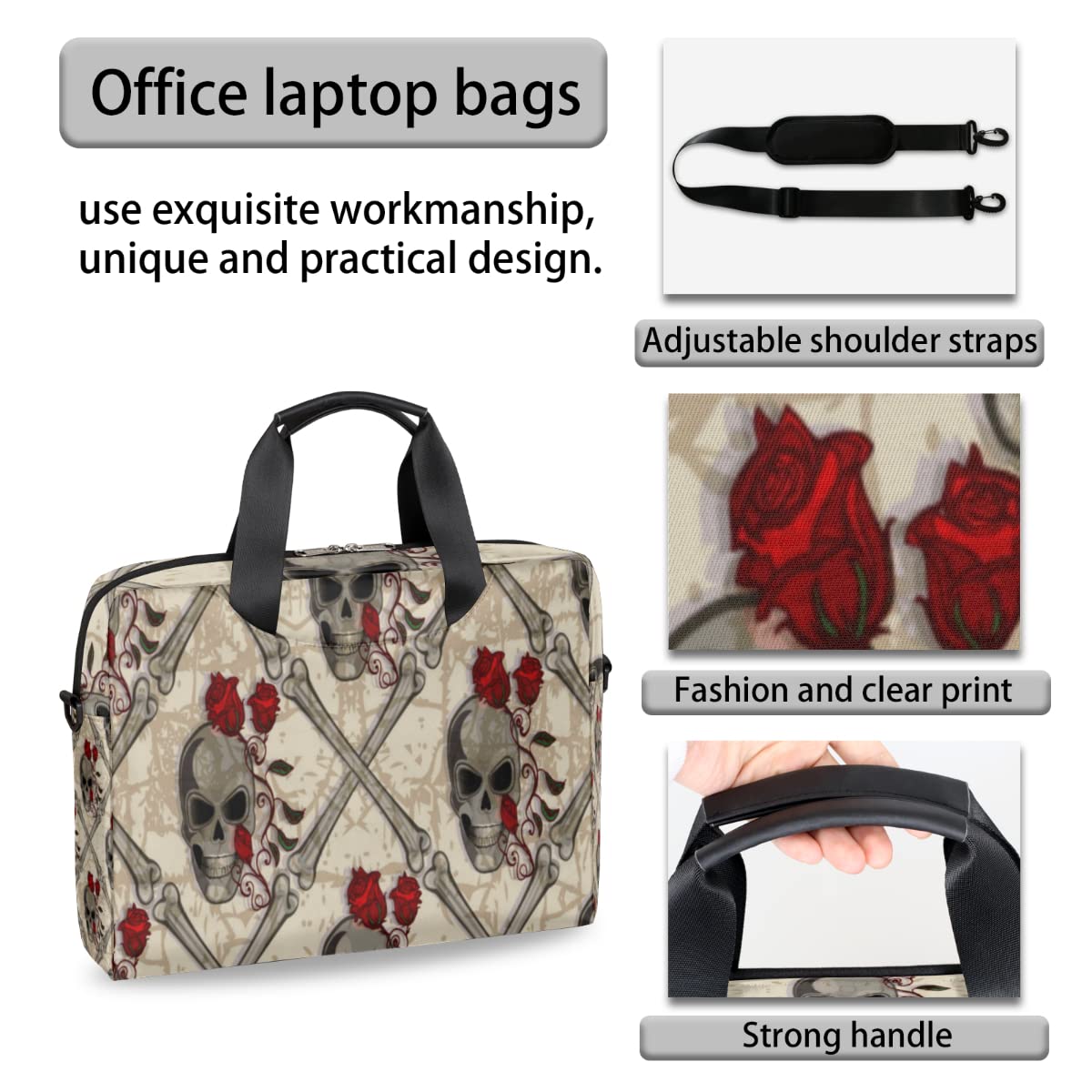 Skull Print Laptop Messenger Bag – Waterproof 15.6" Shoulder Briefcase With Padded Strap