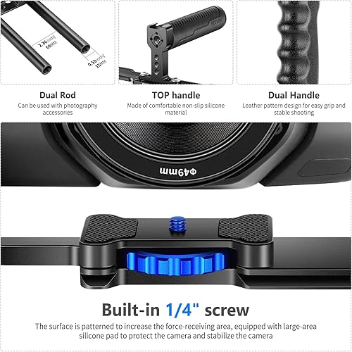 Miniatura 4 de NEEWER Jaula de cámara de aleación de aluminio, plataforma de cine con mango superior, empuñaduras dobles y base tipo arca, compatible con cámaras