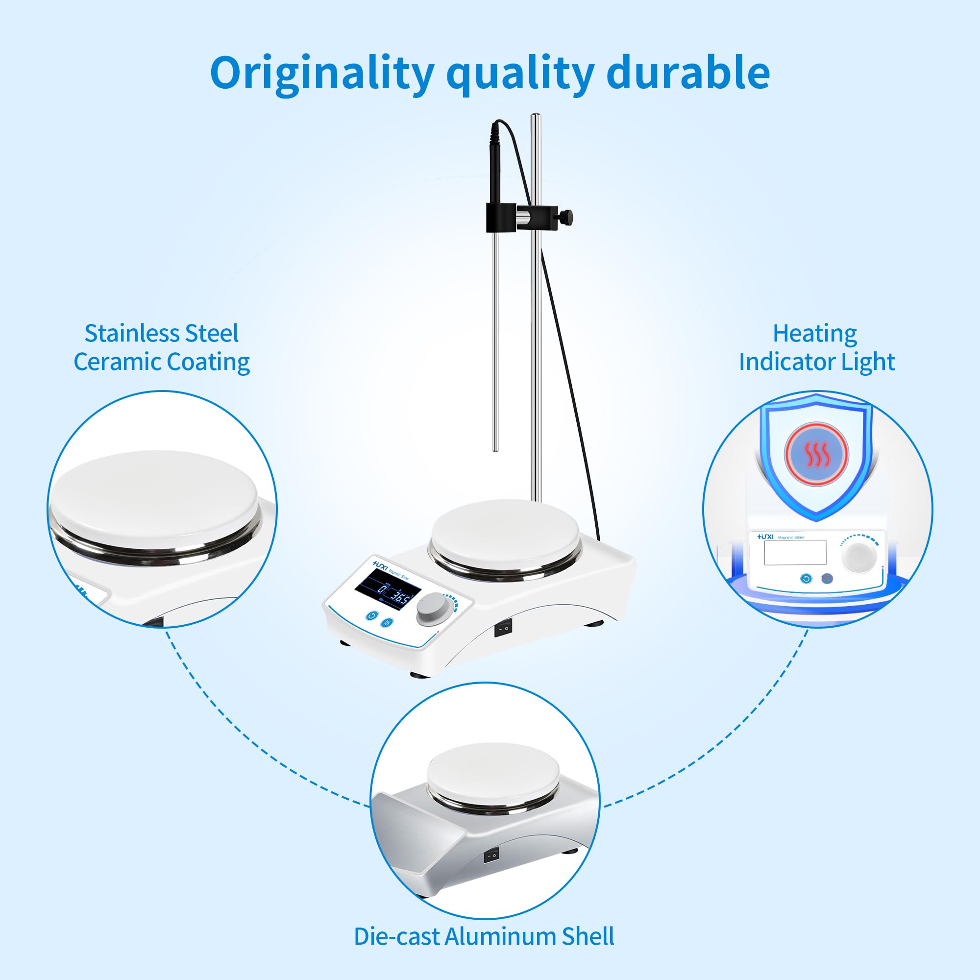 +UXI Agitador magnético con pantalla LCD RT+5 ~ 350º, rango de velocidad 100-2000 rpm, capacidad máxima de procesamiento, 20 L, rango de ajuste de tiempo 0-99h59min con 2 barras de agitación de 110 V