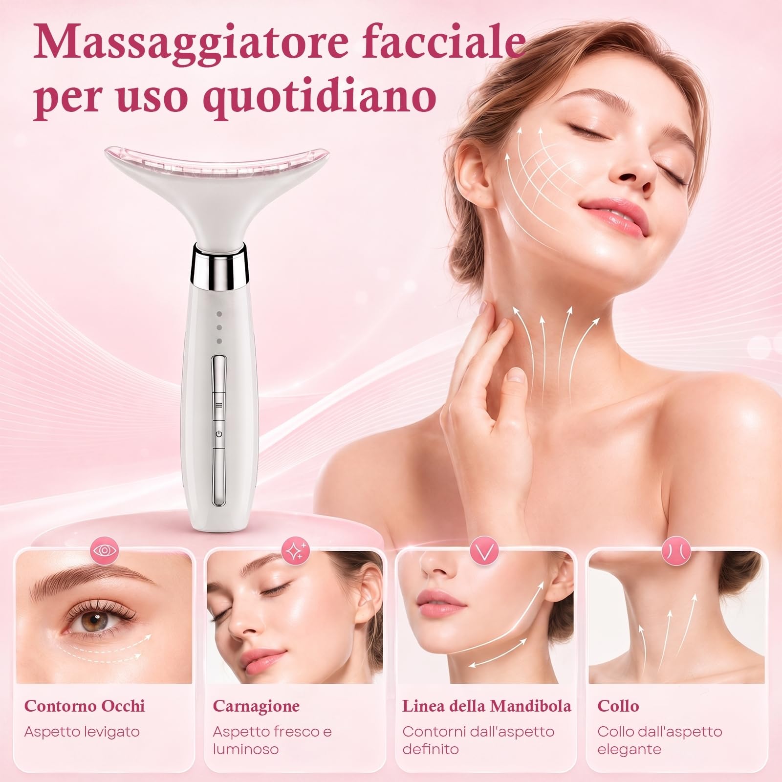 Massaggiatore Viso Lifting Antirughe Elettrico: 4-in-1 Apparecchio Massaggio Viso con 4 Testine Intercambiabili, Luce LED 3 Modalità, Calore 45°C, Massaggio Vibrante per Viso e Collo, per Uomo e Donna