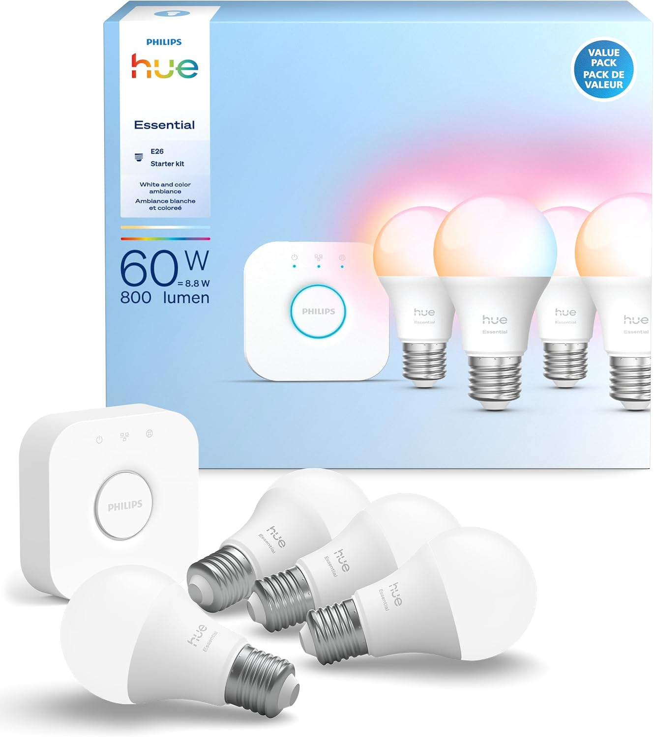 Essential Starter Kit, Bridge + 4 E26 Smart Bulbs | White & Color Ambiance, 2200K-6500K, Dimmable, Compatible with Alexa, Google, Samsung SmartThings and Apple Home