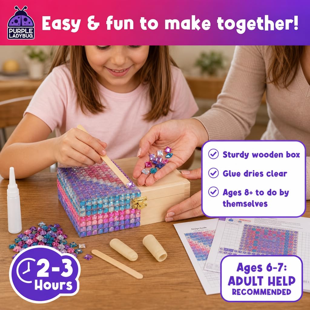 PURPLE LADYBUG Schmuckkästchen Mosaik Bastelset - Geschenk für Kinder ab 6 Jahre, Geschenk für Mädchen 7-14 Jahren, Bastelset für Teenager und Mädchen ab 10 Jahre - Kreatives DIY Geschenke