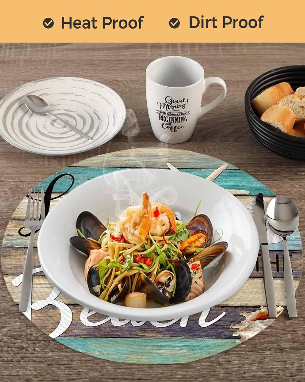 Round Placemats Set of 8 Ocean Starfish Woven Place Mats Life is Better at The Beach Rustic Wooden Circle Braided Placemat Heat Resistant Table Mat for Kitchen Dining Table Party Home Decor 15 Inch