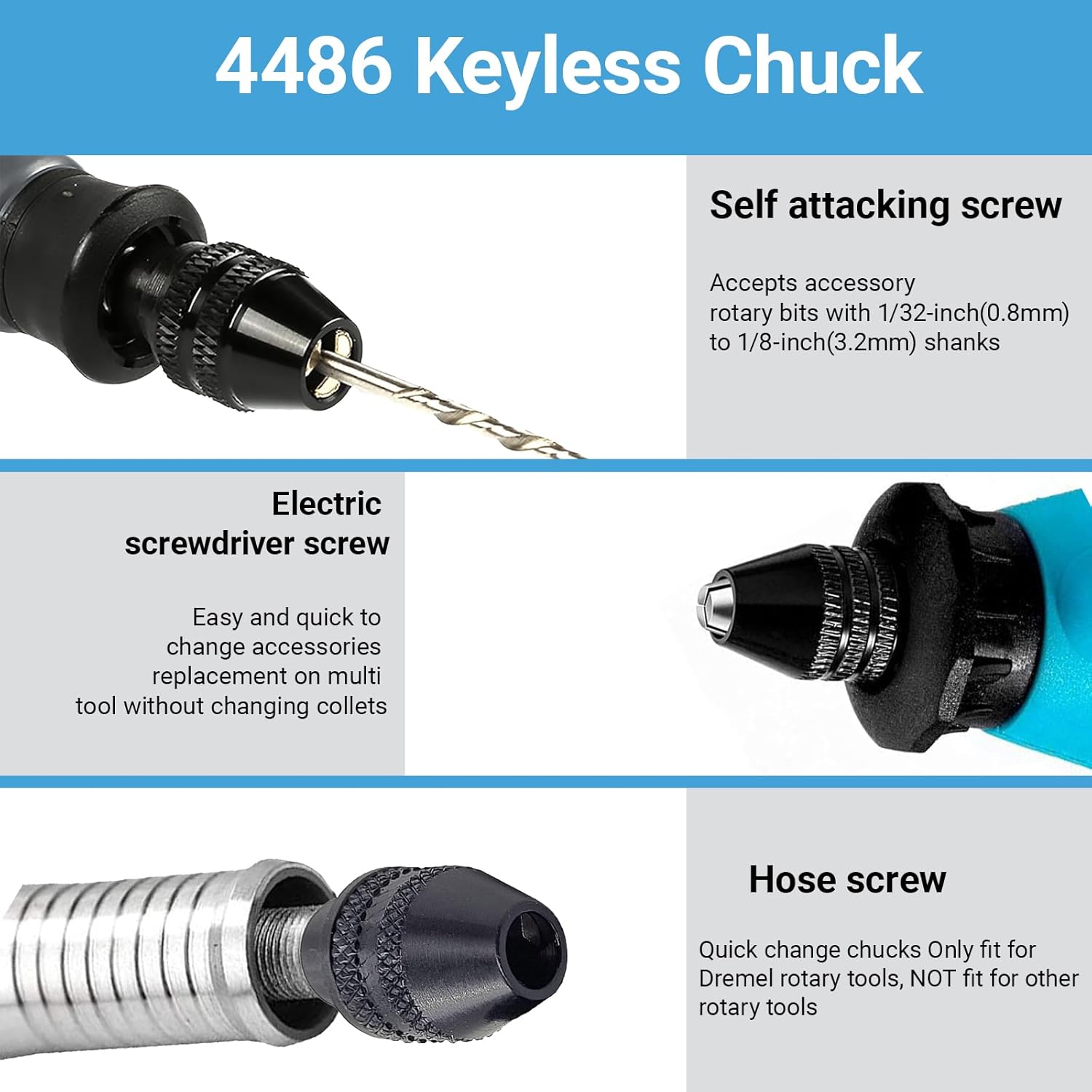 4-Pack 4486 Quick Change Keyless Drill Chuck for Dremel Rotary Tools – 1/32” to 1/8” All-Metal 3-Jaw Chuck Adapter, Compatible with Dremel 395 3000 4000 4300 8220 3000 7300 Multipro