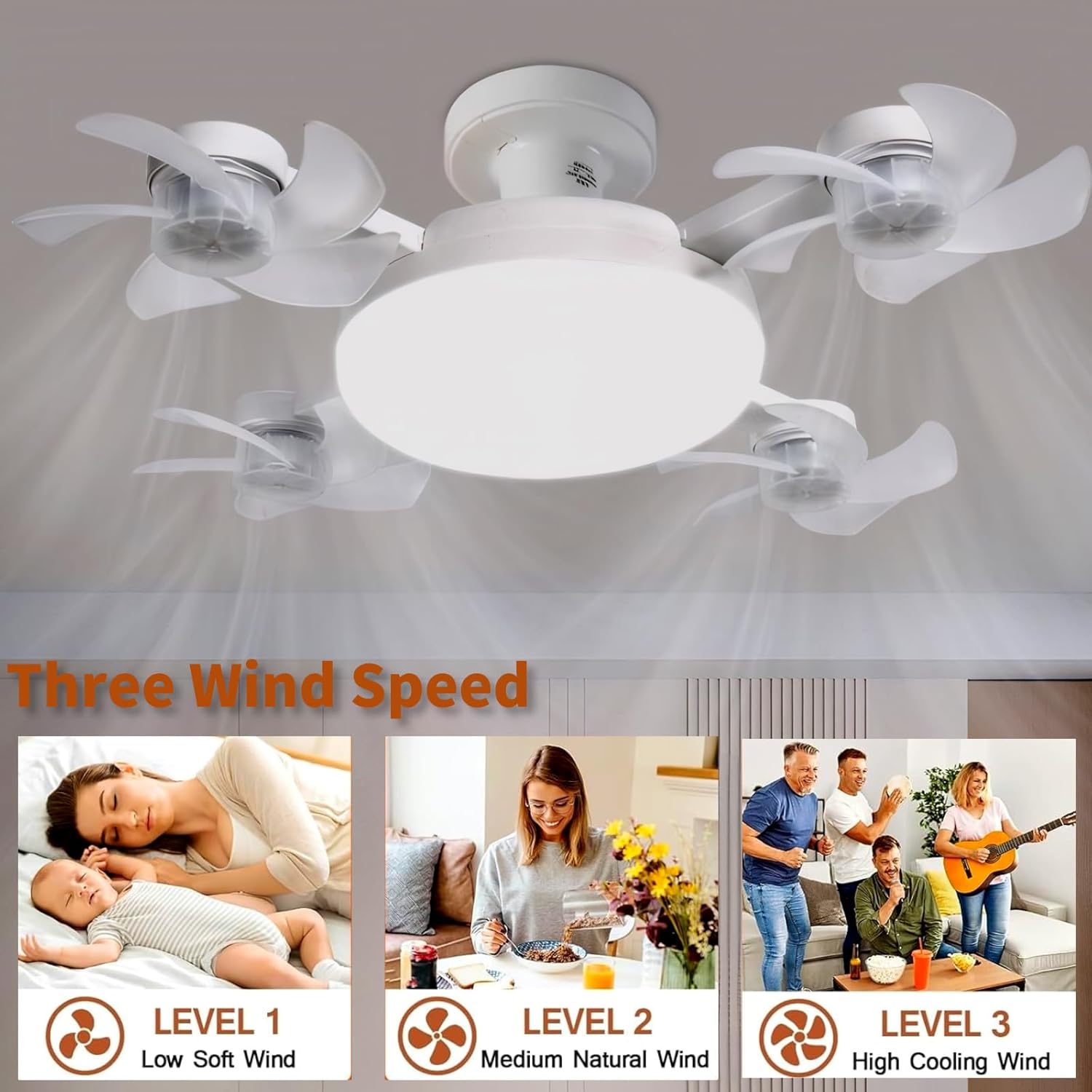 Screw-in Ceiling Fan Light Bulb with Remote Control, E27 Socket Fan Light 3 Speed Adjustable Dimmable LED Light Bulb Fan 3000K-6000K Color for Bedroom, Kitchen, Garage (4 Head)