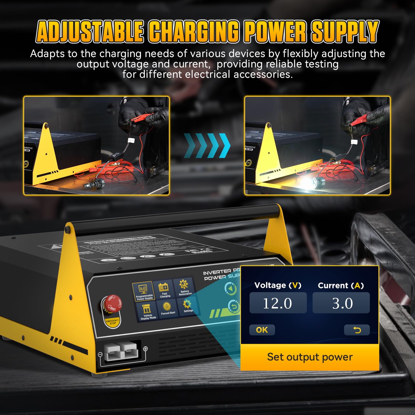 Inversor de potencia automotriz EM385 Programación de ECU y fuente de alimentación de CC de 9-16 V ajustable Programación de potencia, carga rápida, arranque auxiliar y reparación de baterías de litio