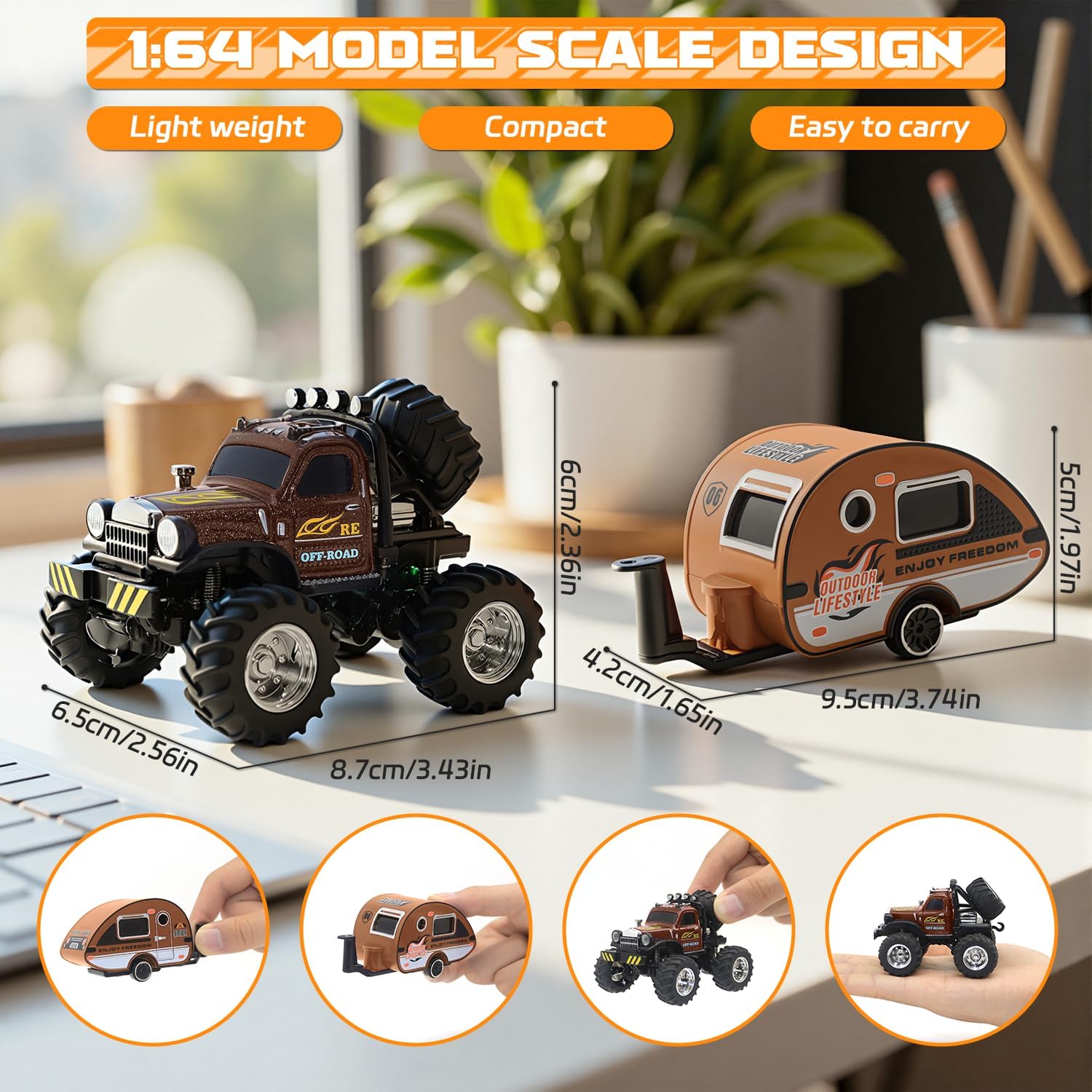 Snugzy Mini RC Car 1:64 Scale RC Truck for Kids with Trailer 2.4Ghz Remote Control Rechargeable RC Cars Toy Gifts for Boys Girls Adult (Brown)