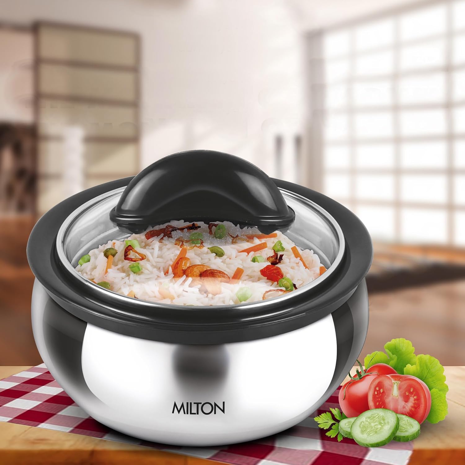Milton Casserole with Glass Lid 1780 ml (60 oz) for Hot Food, Insulated Hot Pot, Stainless Steel, Serving Box (bowl, dish) for Food and Roti, Clarion 2000