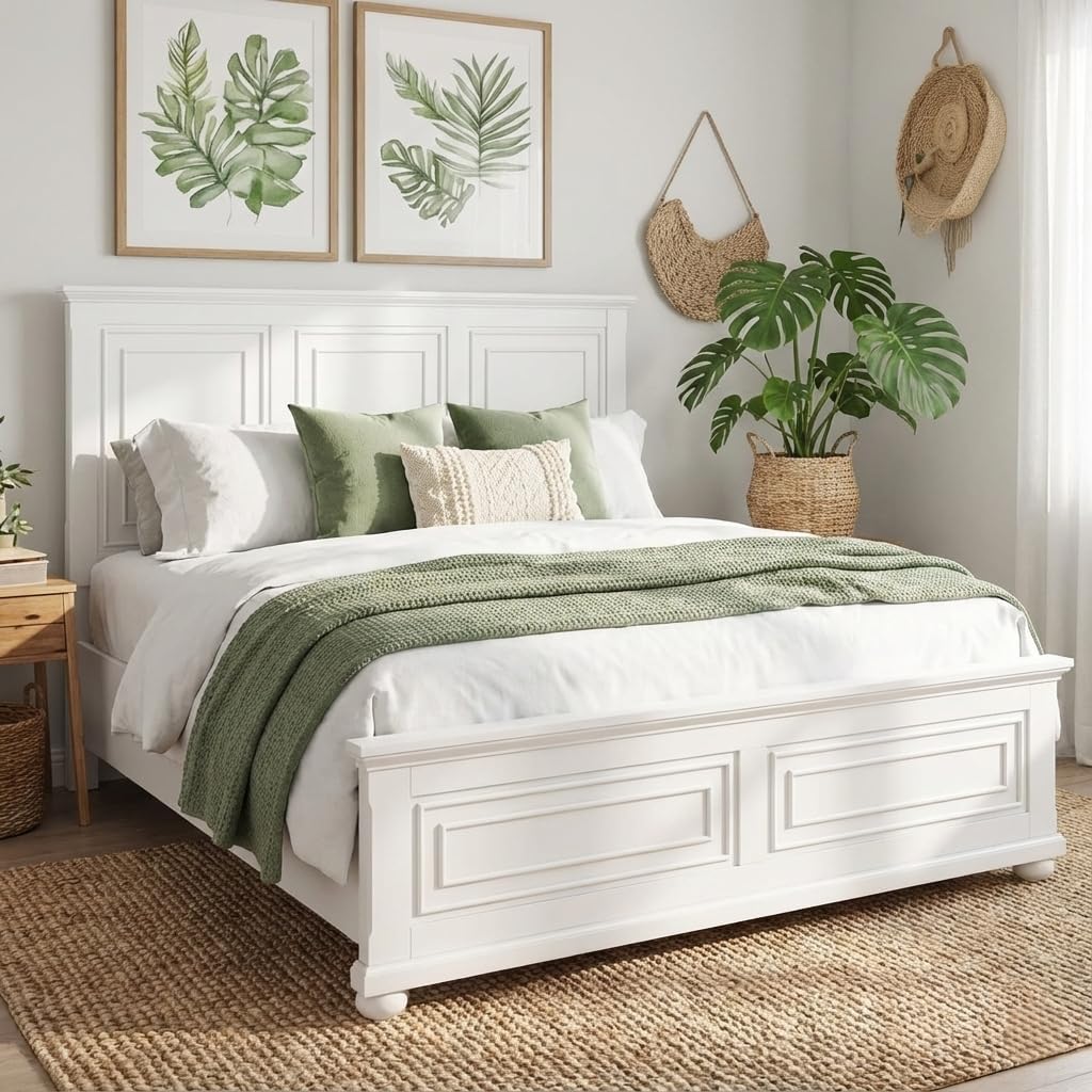 Wood Bed Frame Queen with Tall Headboard & Footboard, Traditional Queen Panel Bed with USB Charging Station for Bedroom, Guest Room, Easy Assembly, No Box Spring Required,White