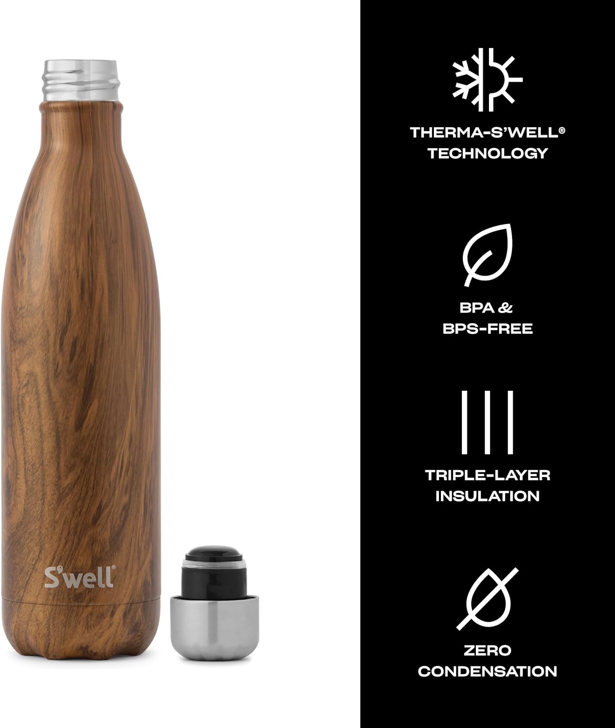 S'well Stainless Steel Water Bottle, 25oz, Teakwood, Triple Layered Vacuum Insulated Containers Keeps Drinks Cold for 48 Hours and Hot for 24, BPA Free, Perfect for On the Go - Image 3