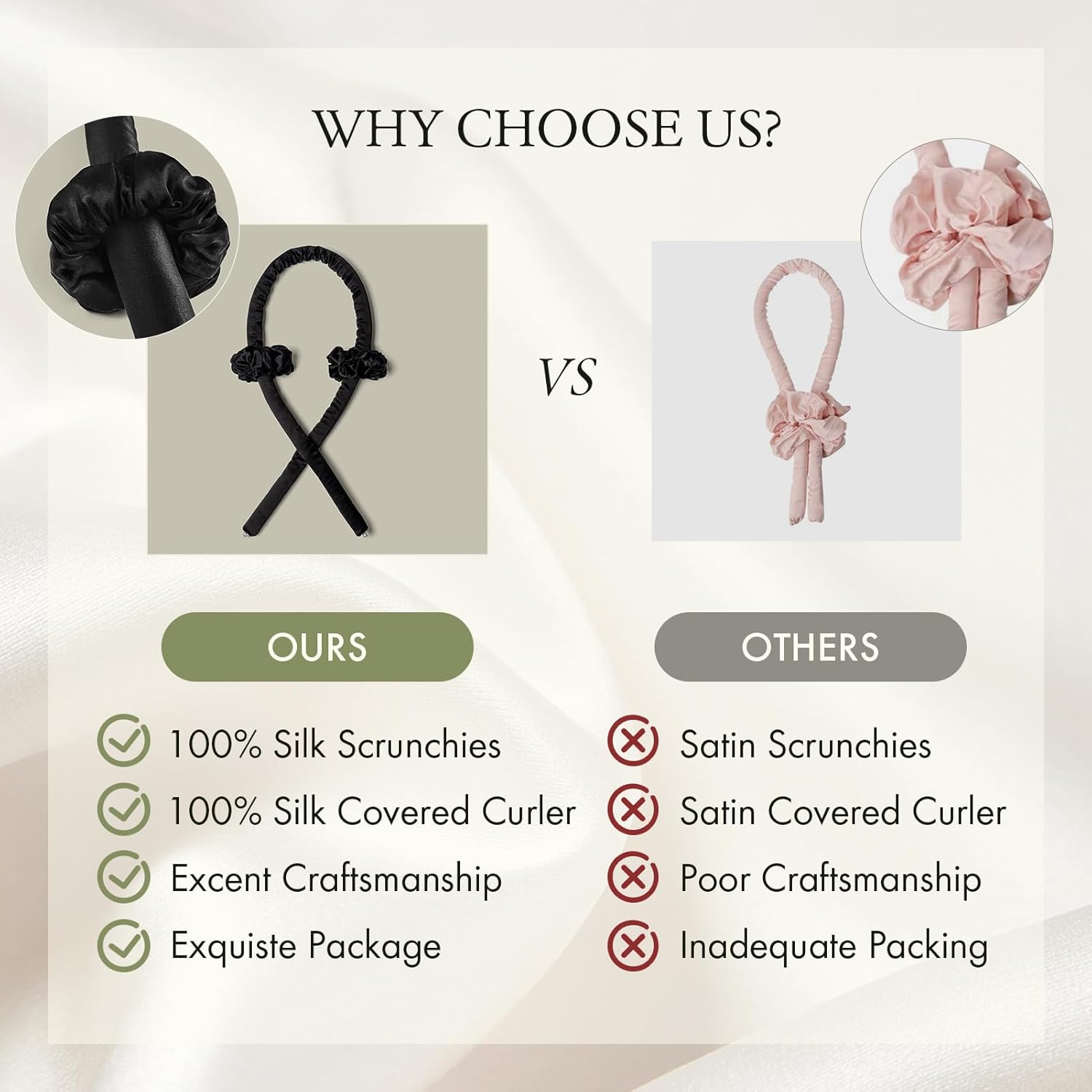 LILYSILK 100% Mulberry Silk Heatless Curling Set 3pc for Women – No Heat Overnight Hair Curler Rods with Adjustable Headband, Prevents Damage & Frizz, Black