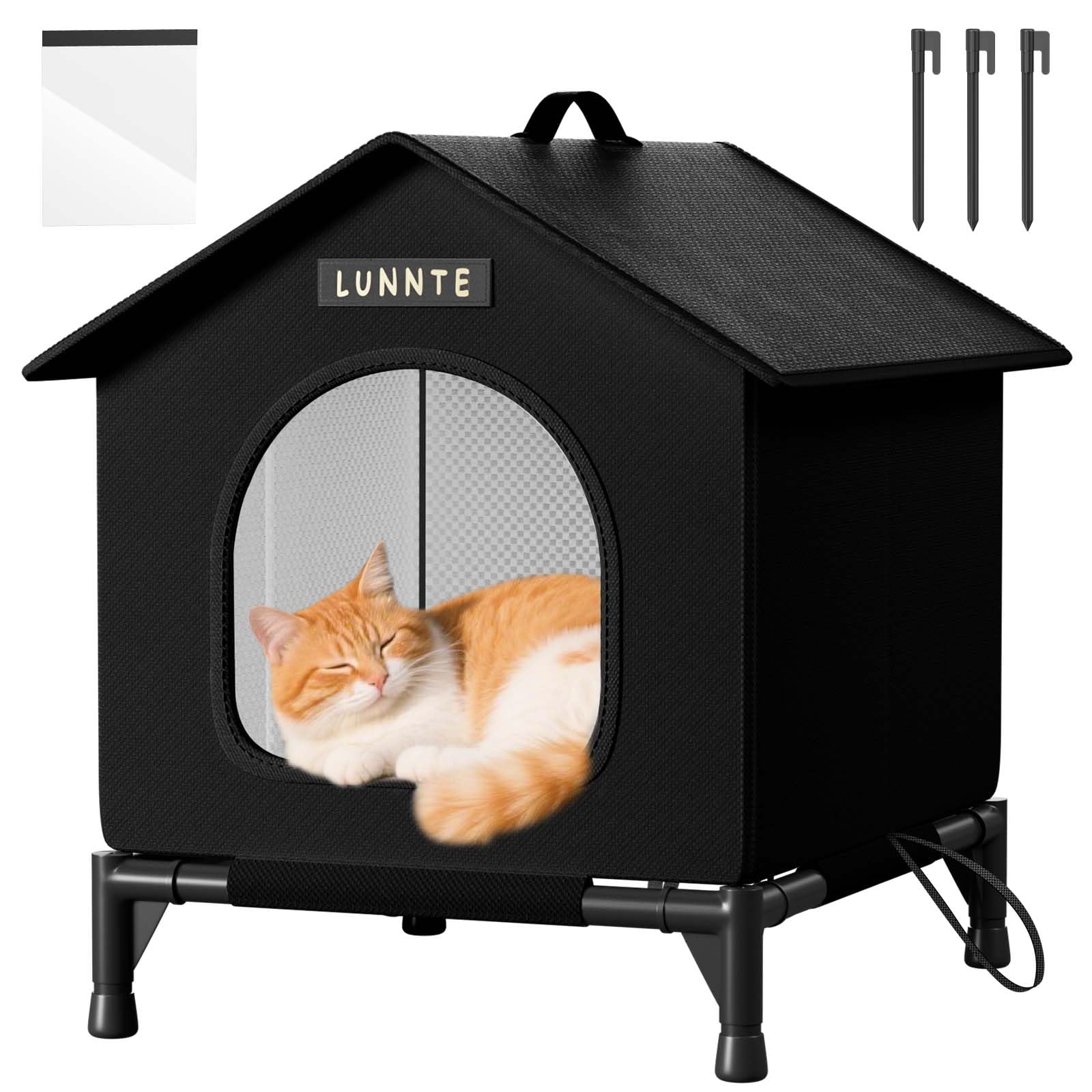 Wasserdichtes Outdoor Katzenhaus, Robustes 4-Jahreszeiten Katzenhäuschen mit erhöhtem Stand, Wetterfestes Tierheim mit Türvorhang für Katzen & Kleine Hunde, Streuner (34x40x47cm, Schwarz)