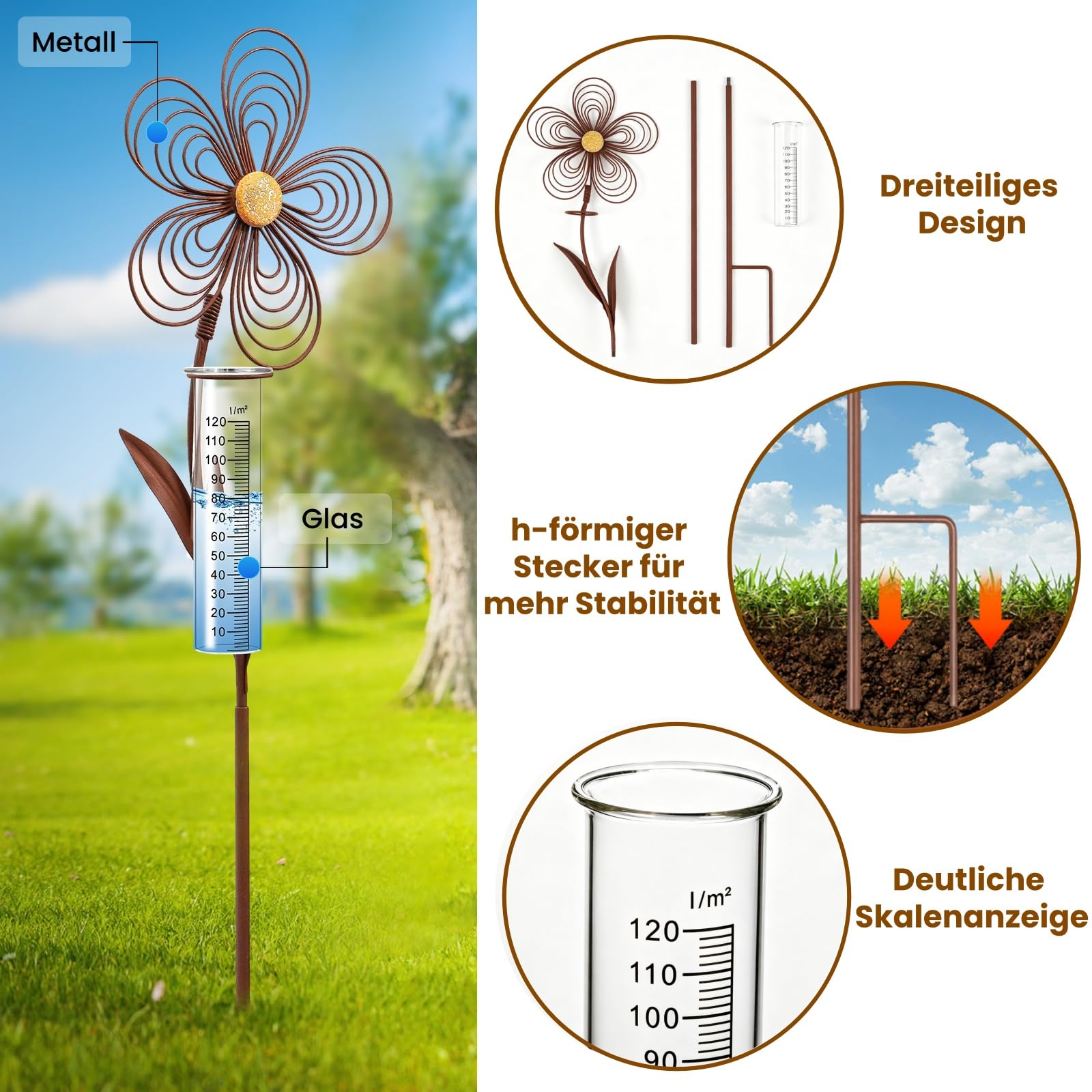 Regenmesser für Garten frostsicher 110 cm Hoch, Dekorativer Niederschlagsmesser aus Glas mit Metall Blumenstecker, Gartendeko in Rostoptik mit Erdspieß