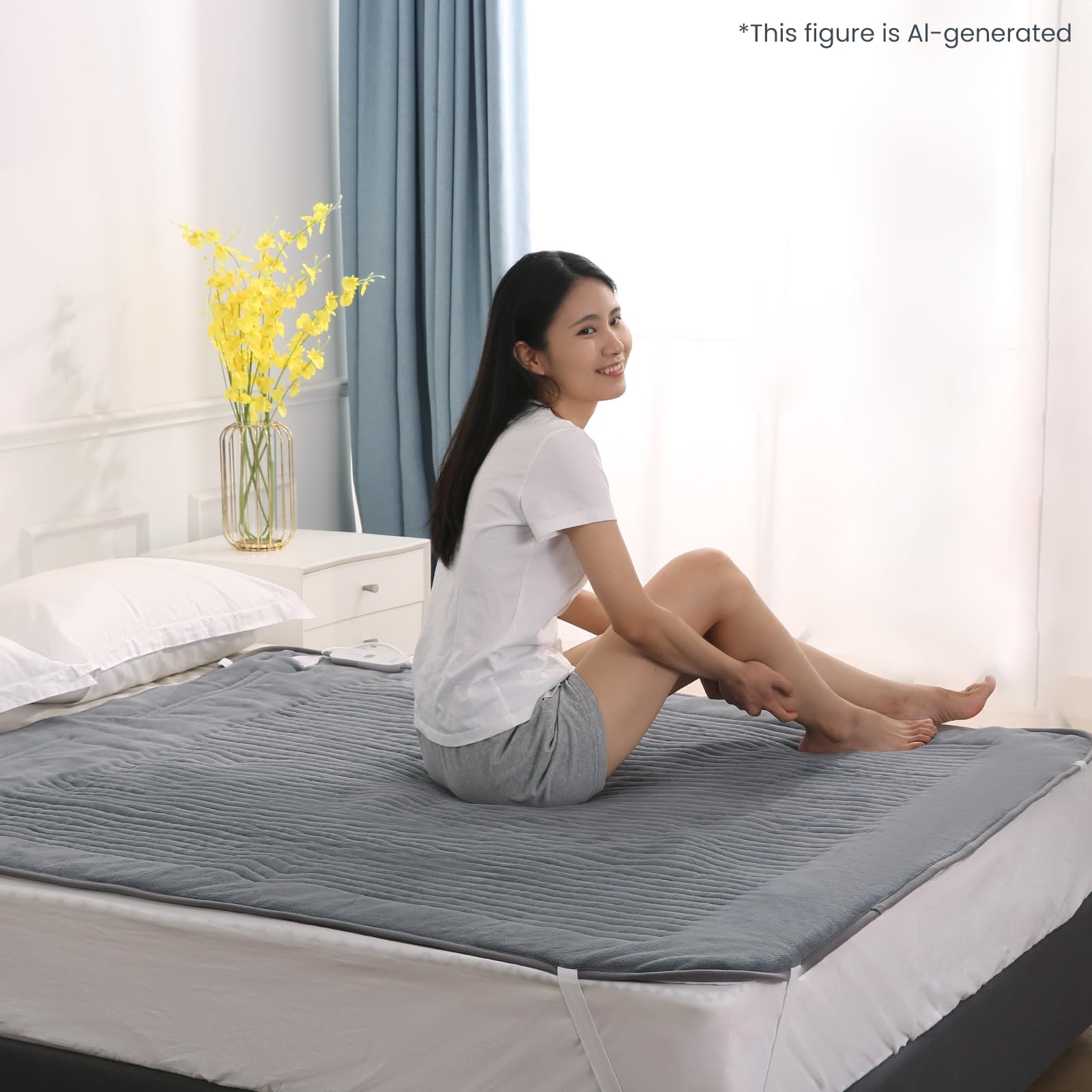 Surmatelas Chauffant 160 x 140 cm Avec Arrêt Automatique, 4 Niveaux de Température Et 2 Zones de Température Avec Contrôleur Amovible, Chauffage Rapide, Fixation Facile sur Le Matelas