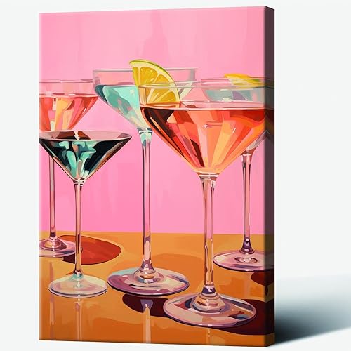 Miniatura 17 de Lienzo decorativo retro rosa para pared, póster de cóctel funky de verano, impresiones de alcohol rosa preppy, decoración estética ecléctica para