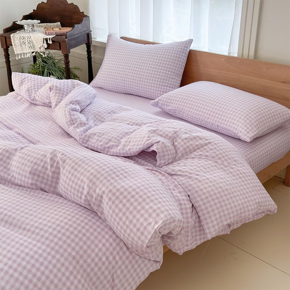 NSNLGSGC Purple Gingham Duvet Cover Set Queen, Grid Simple Geometric Square Pattern Comforter Cover,Soft Plaid Washed Microfiber Bedding Cover(3PCS,Queen)