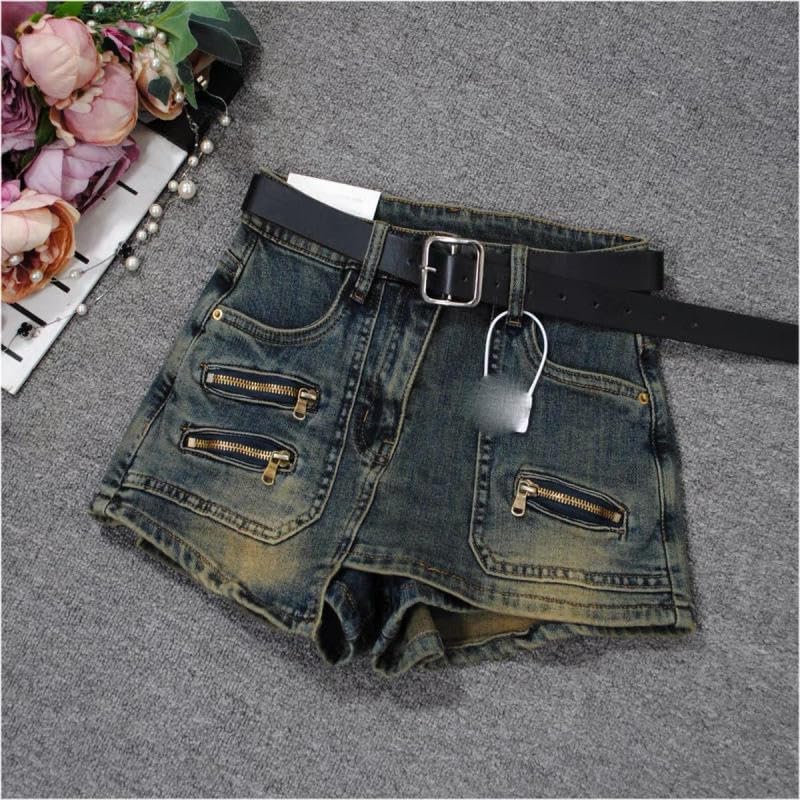 JYHBHMZG Korean Retro Summer High-Waist Denim Shorts Women's Slimming Elastic Hip Denim Shorts