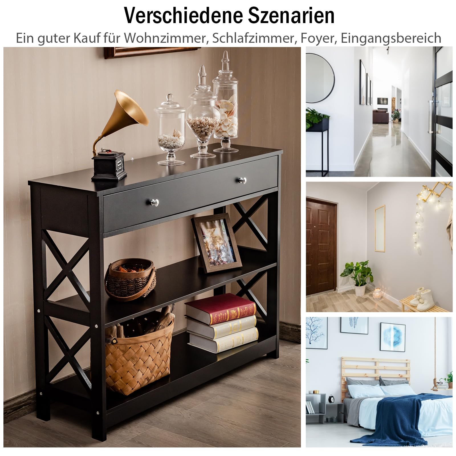 COSTWAY Konsola z szufladą i regałem, 3 poziomy, stół do przedpokoju z drewna, stolik pomocniczy, ochrona przed przewróceniem, 100 x 30 x 80 cm (czarny), HW65707DE